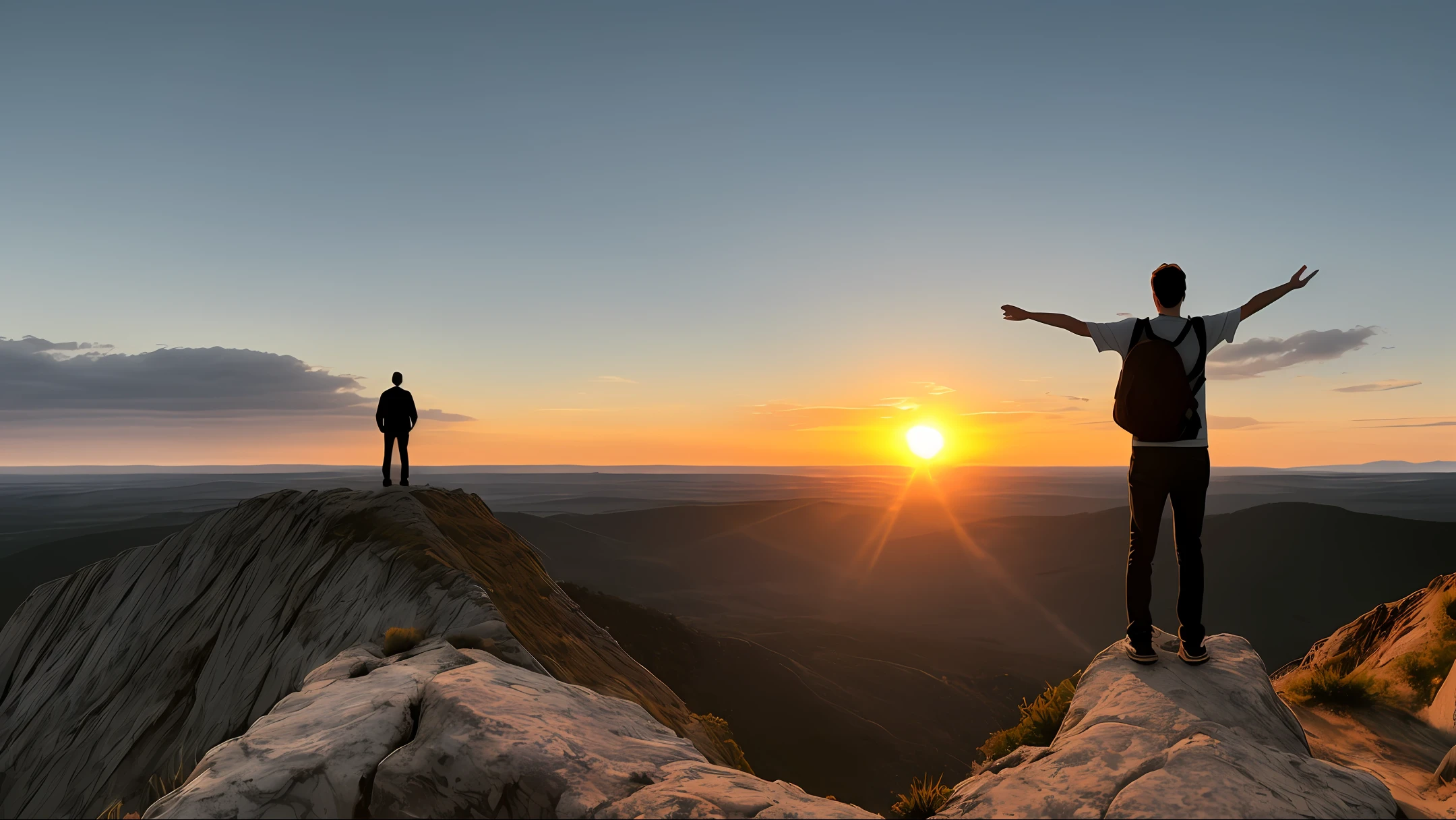 a person standing on a cliff, with his arms open and his face turned to the setting sun