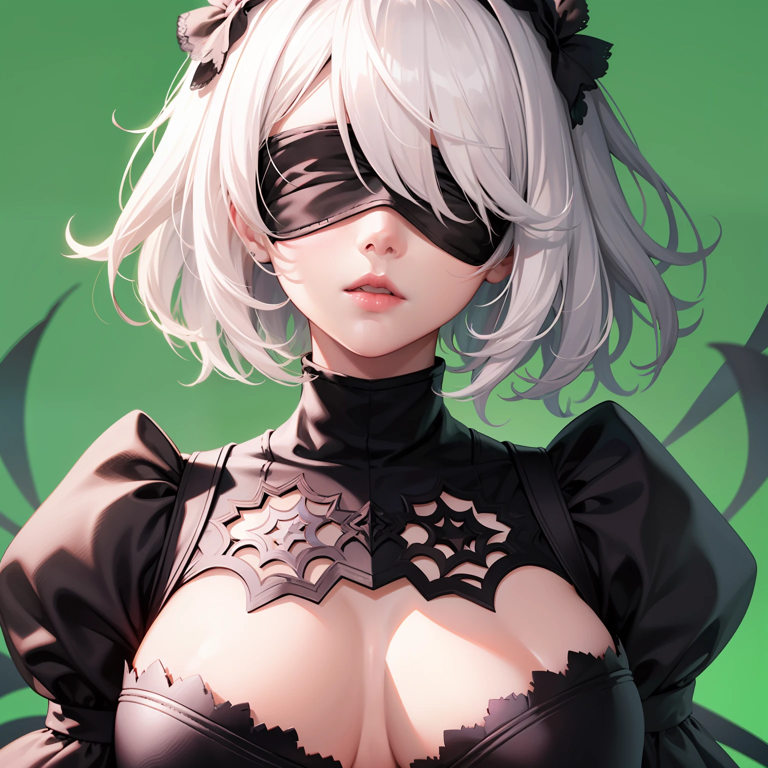 yorha no. 2 type b, 1girl, wlop, (blindfold), breasts, cleavage, cleavage cutout, clothing cutout, green background, hair between eyes, hairband, highres, juliet sleeves, long sleeves, nier (series), nier automata, puffy sleeves, red lips, shaded face, short hair, solo, turtleneck, upper body, white hair, sky
