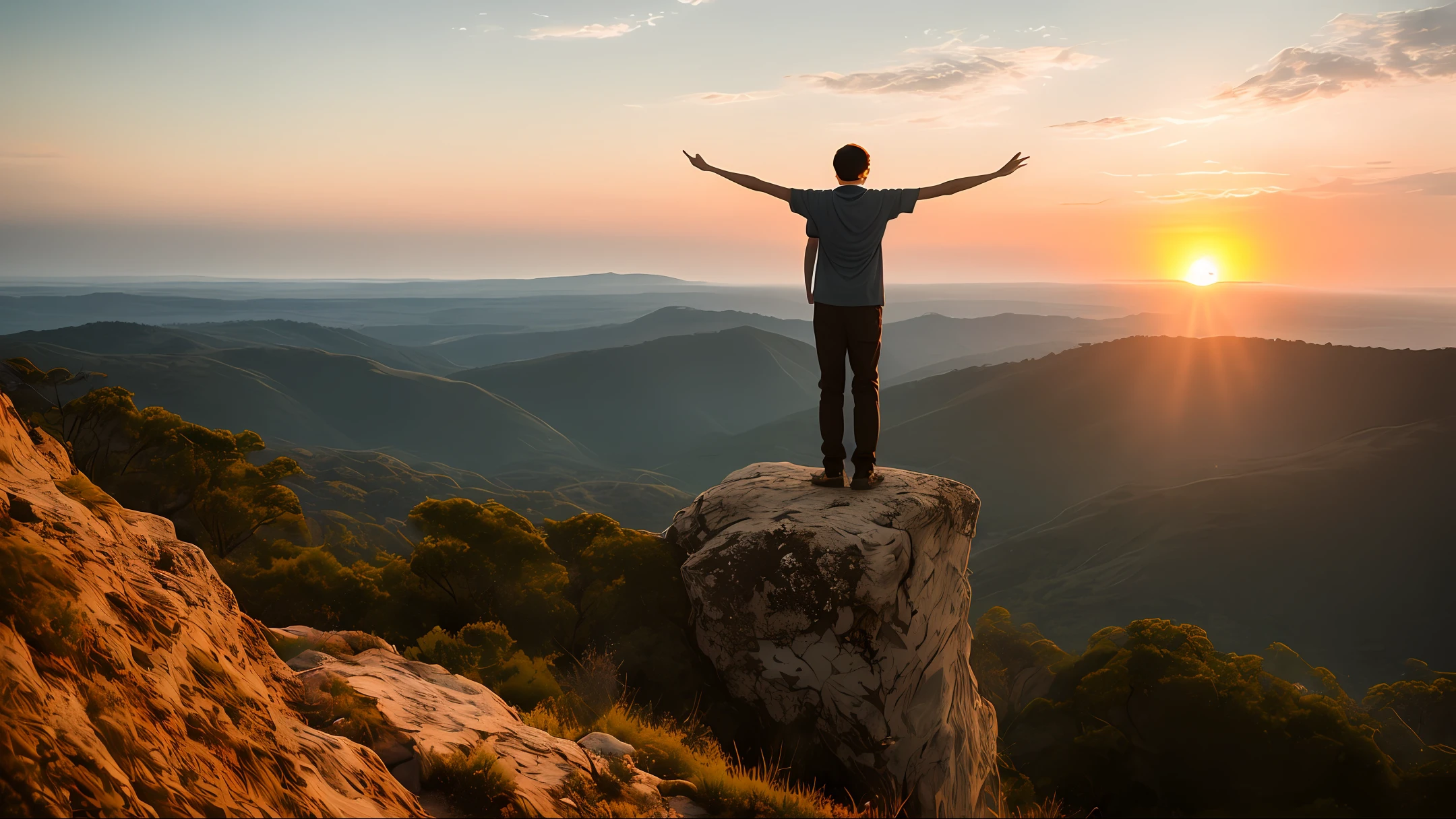 a person standing on a cliff, with his arms open and his face turned to the setting sun