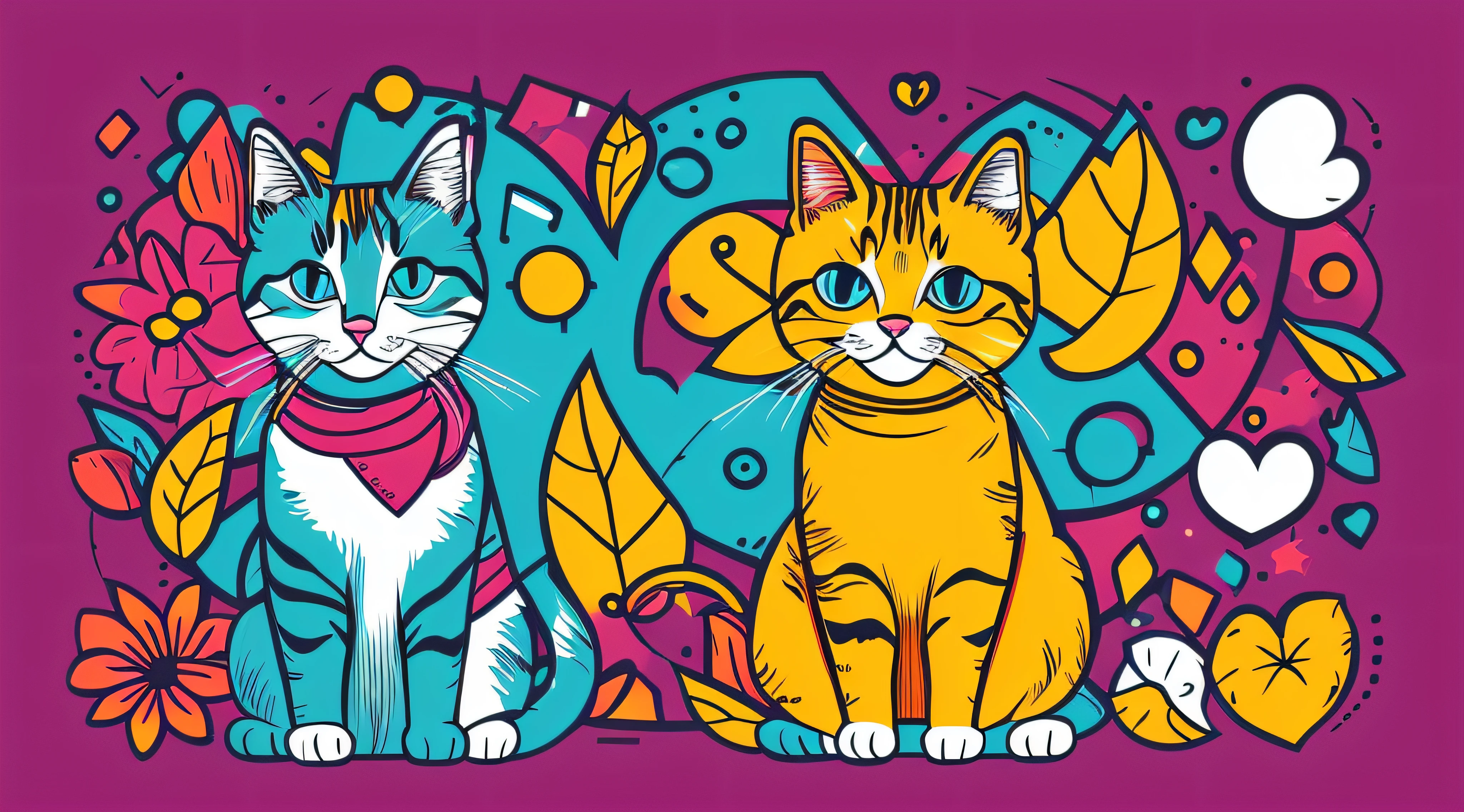 colorful, cute, cat, face, vibrant, t-shirt design, symmetrical, victor, Flat design, bold vivid colors, white background, Highly detailed, cute --auto