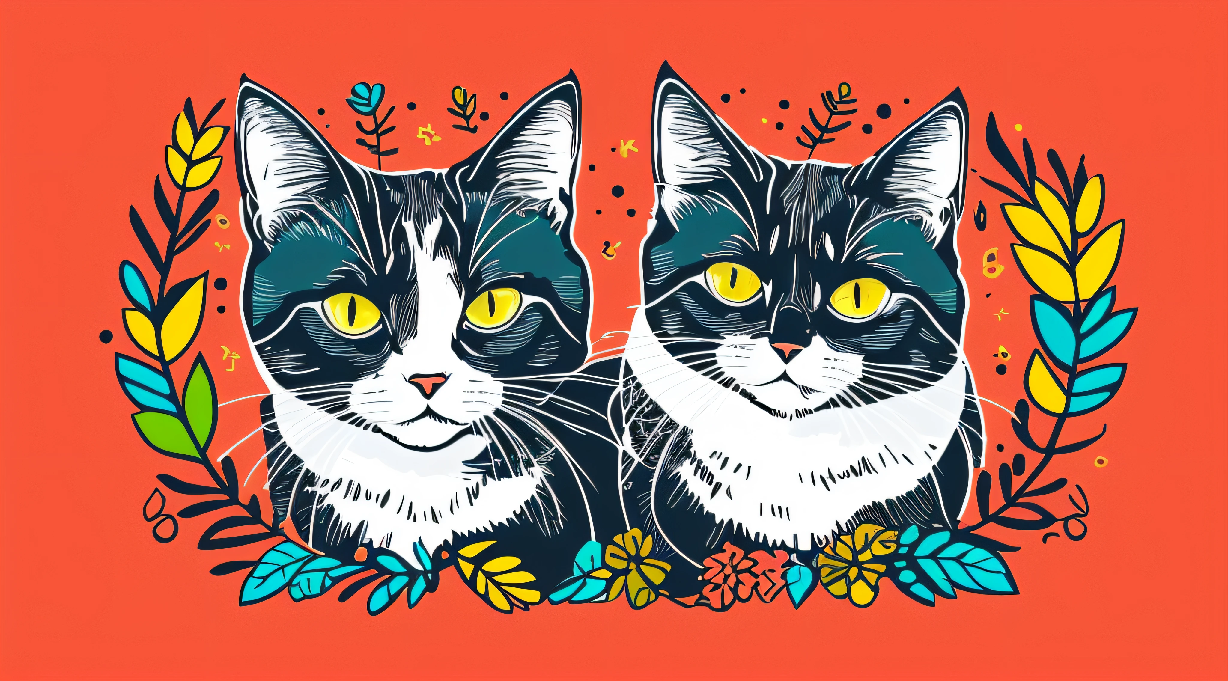 colorful, cute, cat, face, vibrant, t-shirt design, symmetrical, victor, Flat design, bold vivid colors, white background, Highly detailed, cute --auto