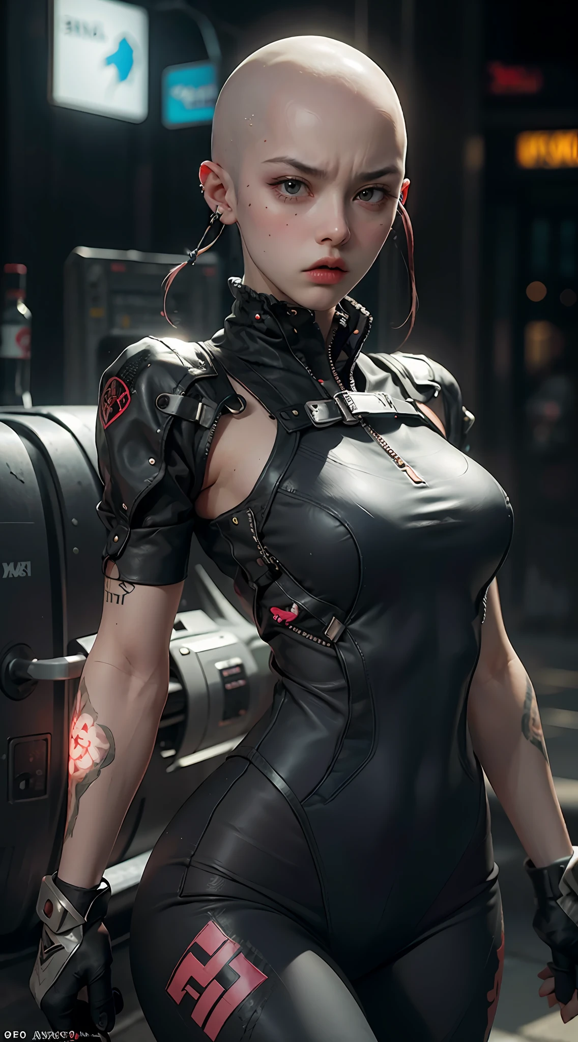 Bald punk girl wearing punk clothes, angry face