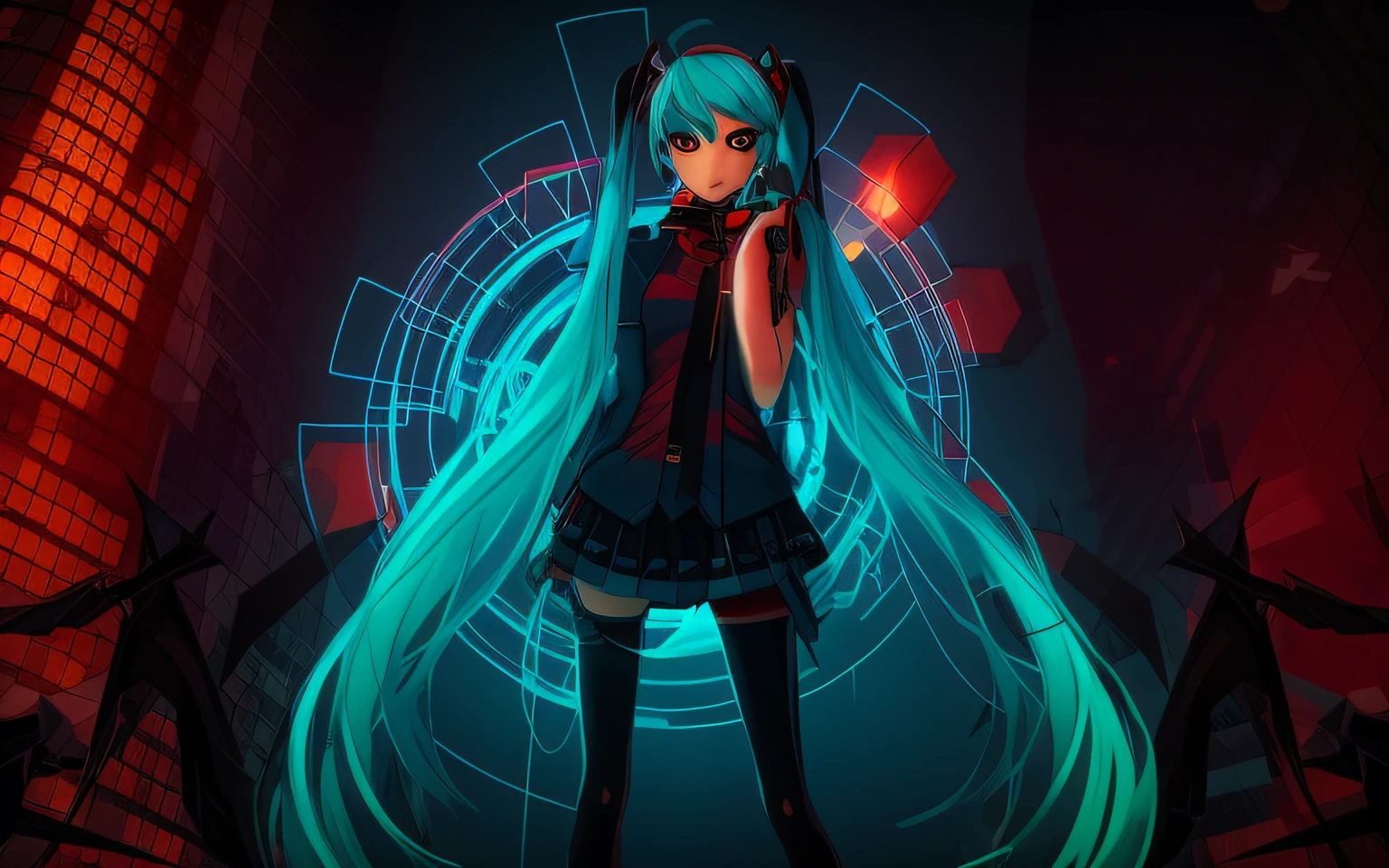 Dark portrait of Marvel's Bloody Miku Hatsune with intricate cybernetic implants angled inside the brutalist building, Gothic brutalist cathedral, Cyberpunk, Foto premiada, Bokeh, neon lights, membro cyber