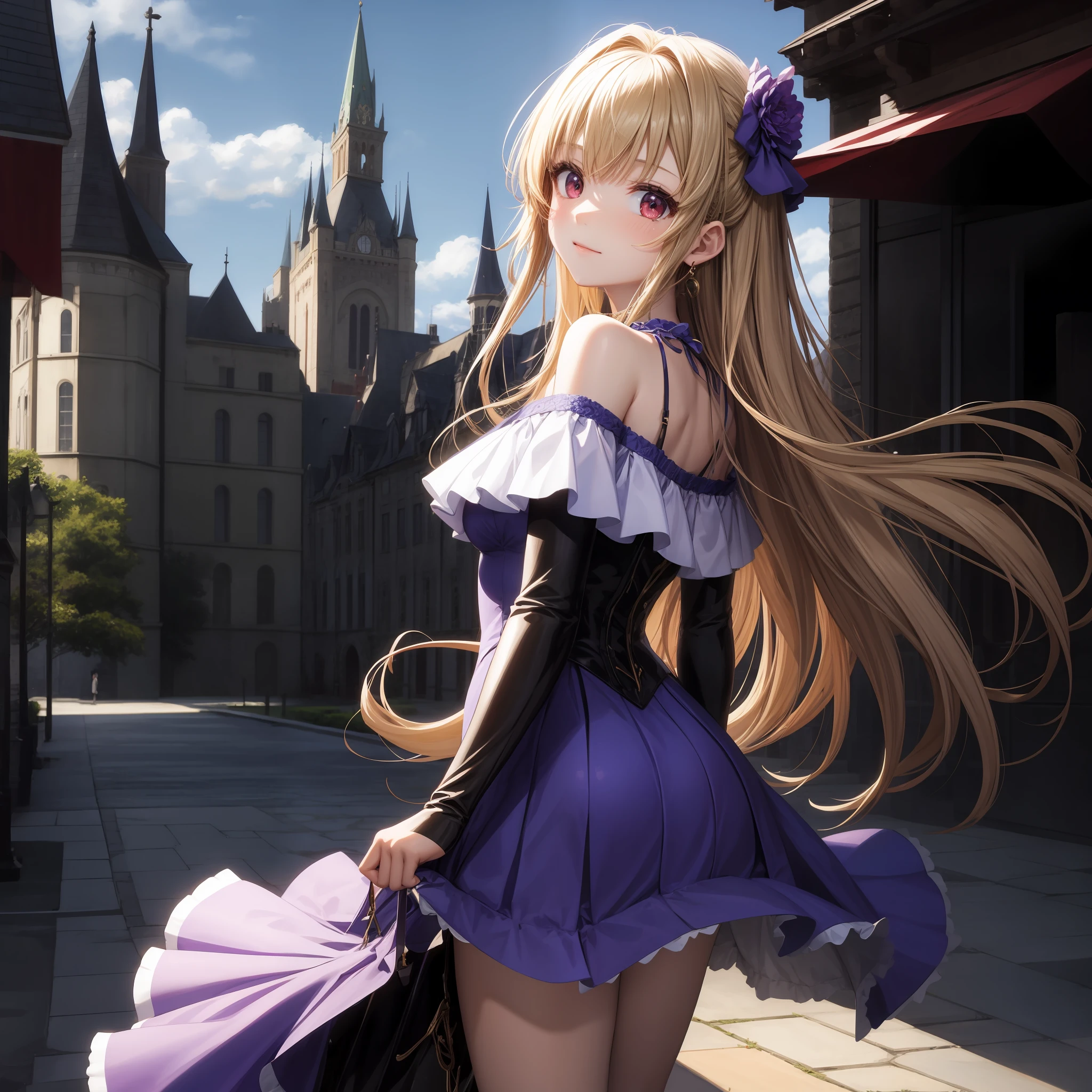 Anime、One girl、red-eyed、blond hair、Lilac dress、1pple、solo、off-the-shoulder、Western castle in the background、