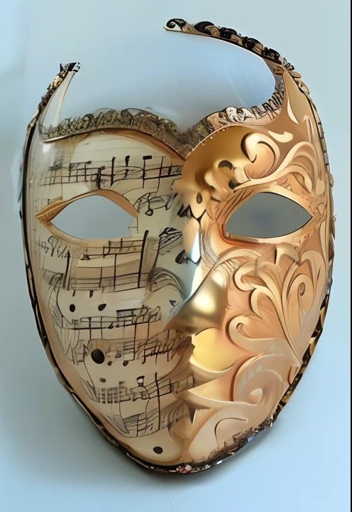 a close up of a mask with music notes on it, venetian mask, theater mask, ornate mask and fabrics, detailed mask, ornate mask, masquerade mask, Masqua, golden mask, carnival mask, intricate mask, Da Commedia Dell'Arte, mask, gold mask, ( ( mask ) ), masks, Papel - Mache, Direction: Nikita Veprikov