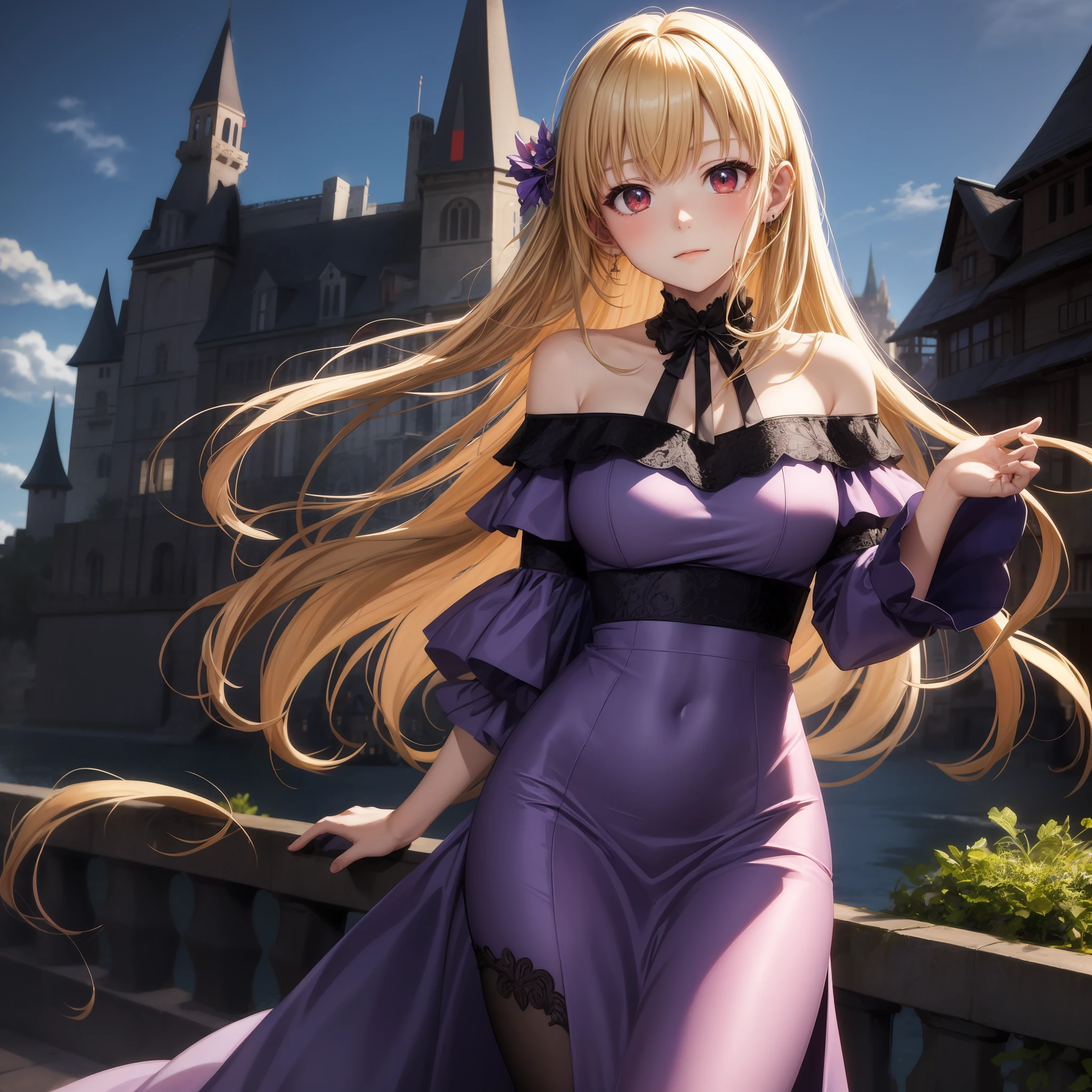 Anime、One girl、red-eyed、blond hair、Lilac dress、１pple、solo、off-the-shoulder、Western castle in the background、