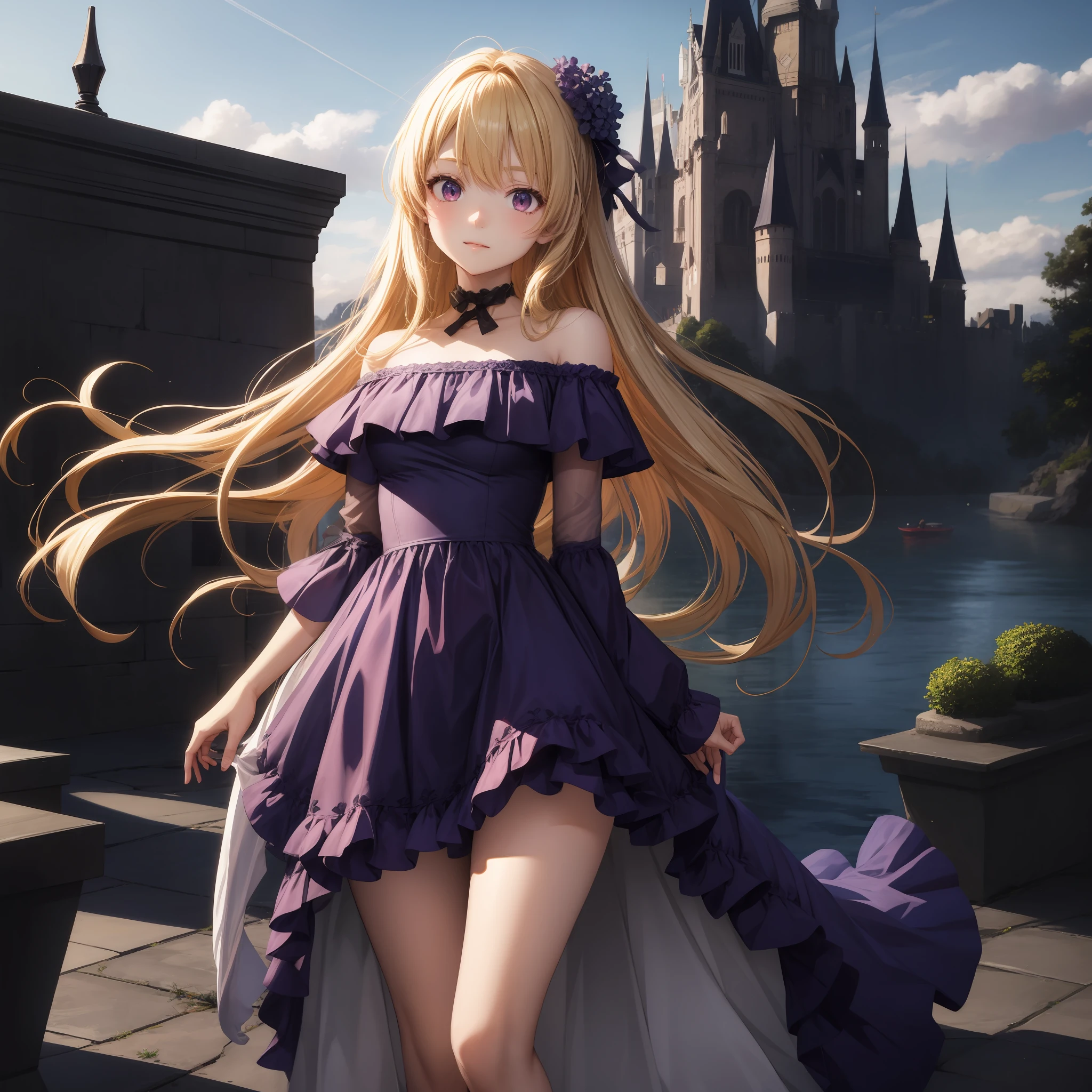 Anime、One girl、red-eyed、blond hair、Lilac dress、１pple、solo、off-the-shoulder、Western castle in the background、