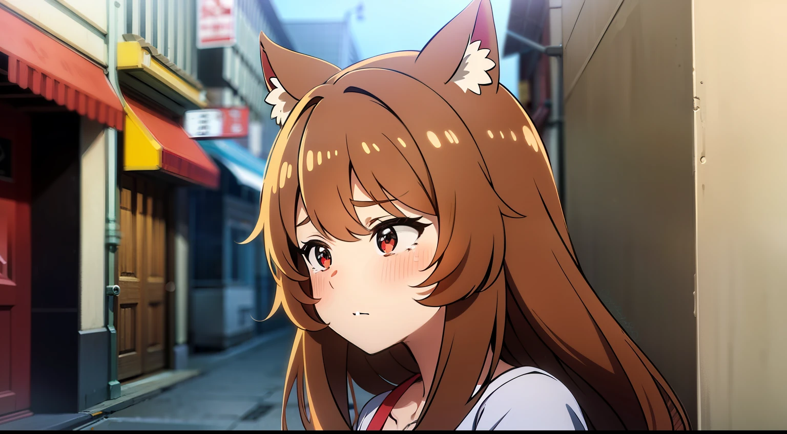 obra maestra, Raphtalia, brownhair, orejas de animal, ojos rojos, cara triste, llorando, lagrimas, camiseta blanca, en medio de la calle, retrato