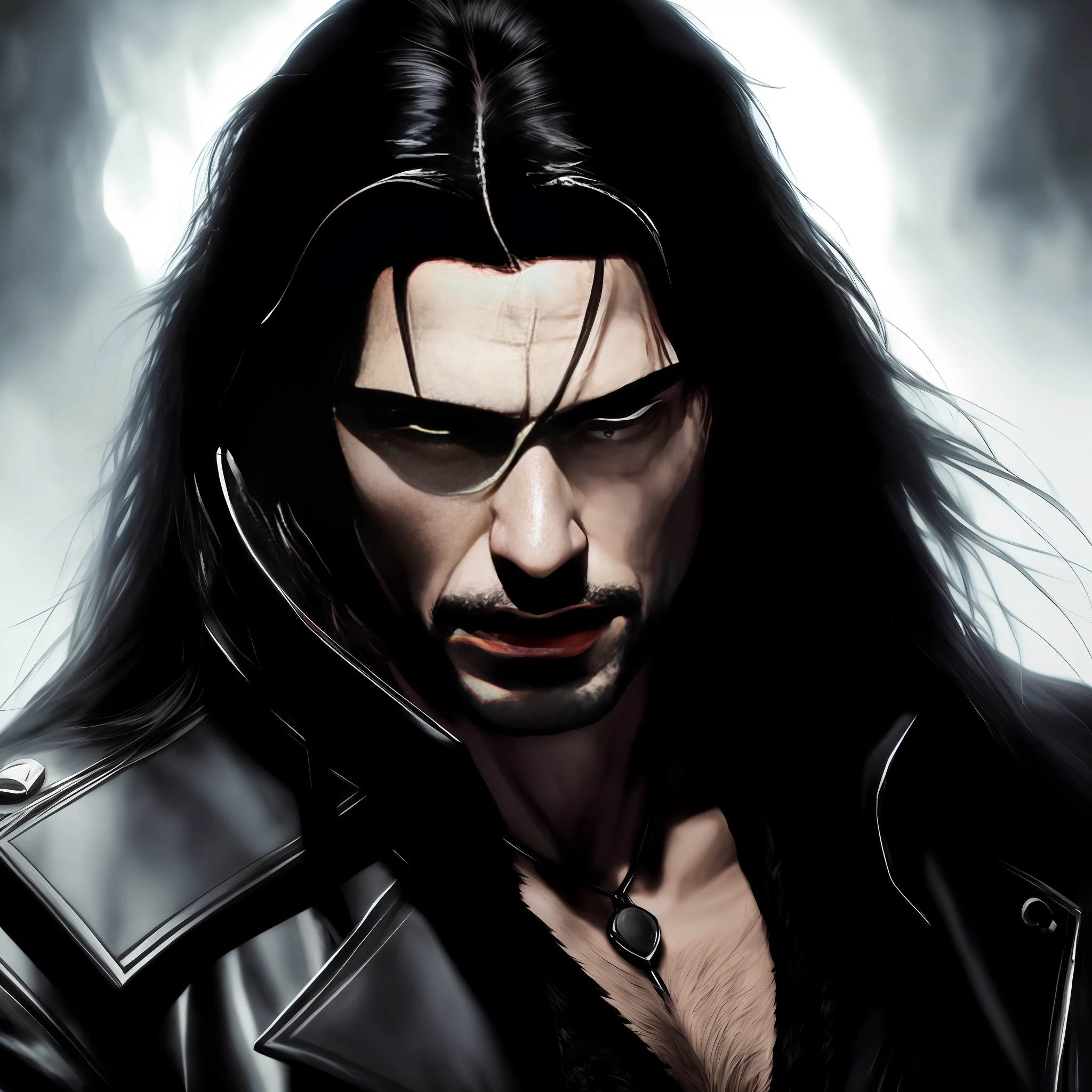 imagem arrapada de um homem com cabelos longos e uma jaqueta de couro, vampiro macho, vampiro masculino bonito, male vampire of clan banu haqim, vampire of clan lasombra, Senhor vampiro, fantasia vampiros, vampiro escuro, retrato do vampiro, O vampiro, retrato masculino da fantasia, Johnny Silverhand, solomon kane, Vampiro, arte de estilo fantasia escura de corpo inteiro em um fundo chuvoso e noturno de uma cidade.