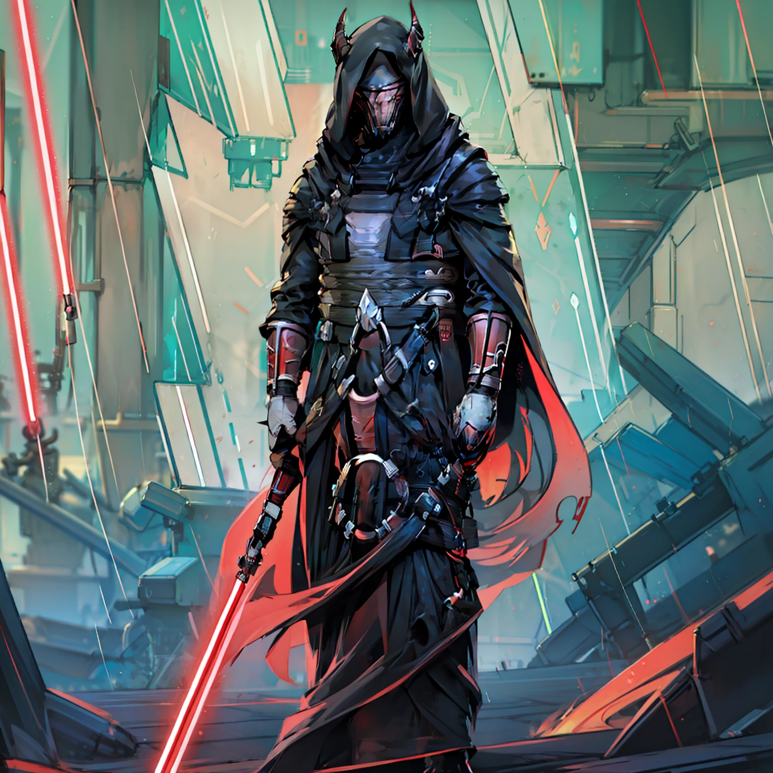 Star Wars Sith model, a man, zabrak race, mask ornamented with white and red, mask eyes closed, 2 red kyber crystals on the mask, small and worn horns, black torn overcoat, 1 red lightsaber in each hand, dark and red aura around the character.