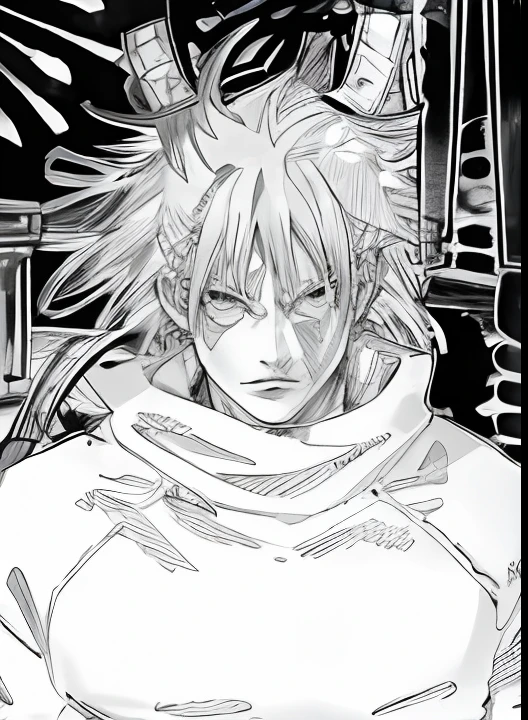 um desenho preto e branco de uma com cabelo comprido, Coringa se parece com Naruto, seinen manga portrait, kentaro miura manga art style, kentaro miura manga style, striking manga artstyle, Coringa como Naruto, manga style of kentaro miura, Tetsuo, Akira, detailed manga style, hyper detailed manga drawing, Akira, Mitologia Chinesa