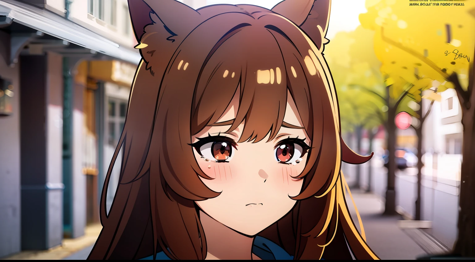 obra maestra, Raphtalia, brownhair, orejas de animal, ojos rojos, cara triste, llorando, lagrimas, camiseta blanca, en medio de la calle, retrato