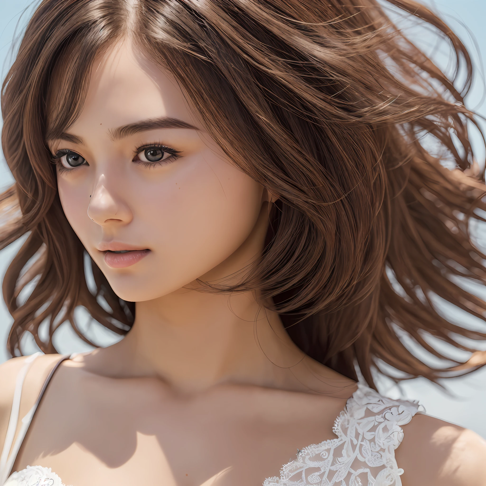 1girl, Beautiful Faces, (photo lifelike:1.4), (High detail skin:1.3), 8K UHD, DSLR, hig quality, A high-resolution, 8K、Raw photo、BEATCH、Hair in the wind、chest cleavage --auto