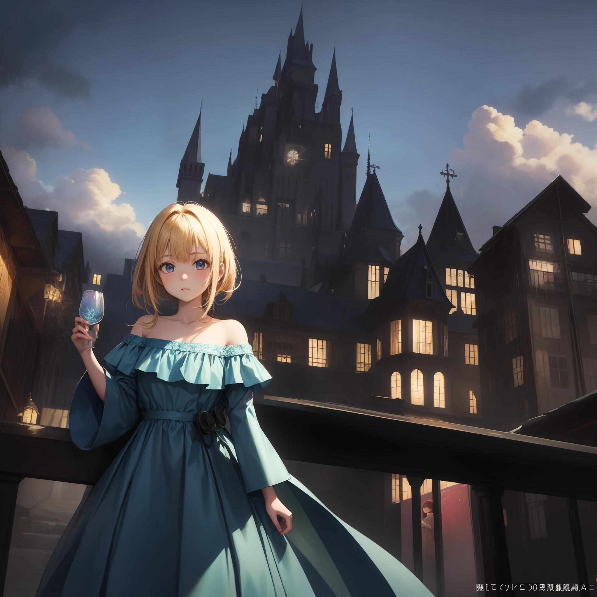 Anime、One girl、red-eyed、blond hair、Light blue dress、１pple、solo、off-the-shoulder、Western castle in the background、