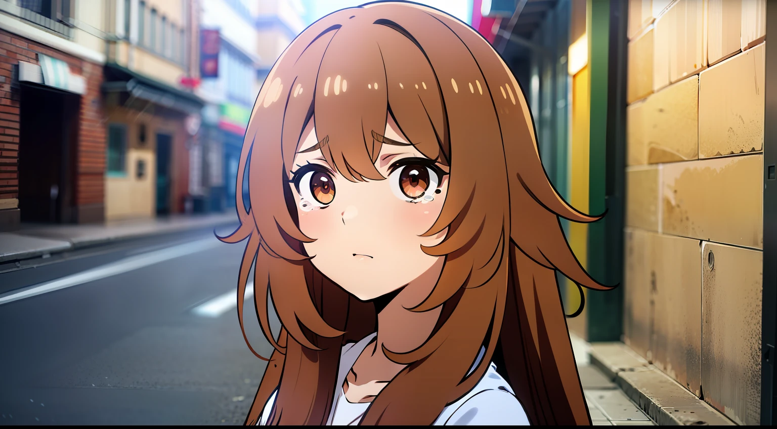 obra maestra, Raphtalia, brownhair, orejas de animal, ojos rojos, cara triste, llorando, lagrimas, camiseta blanca, en medio de la calle, retrato