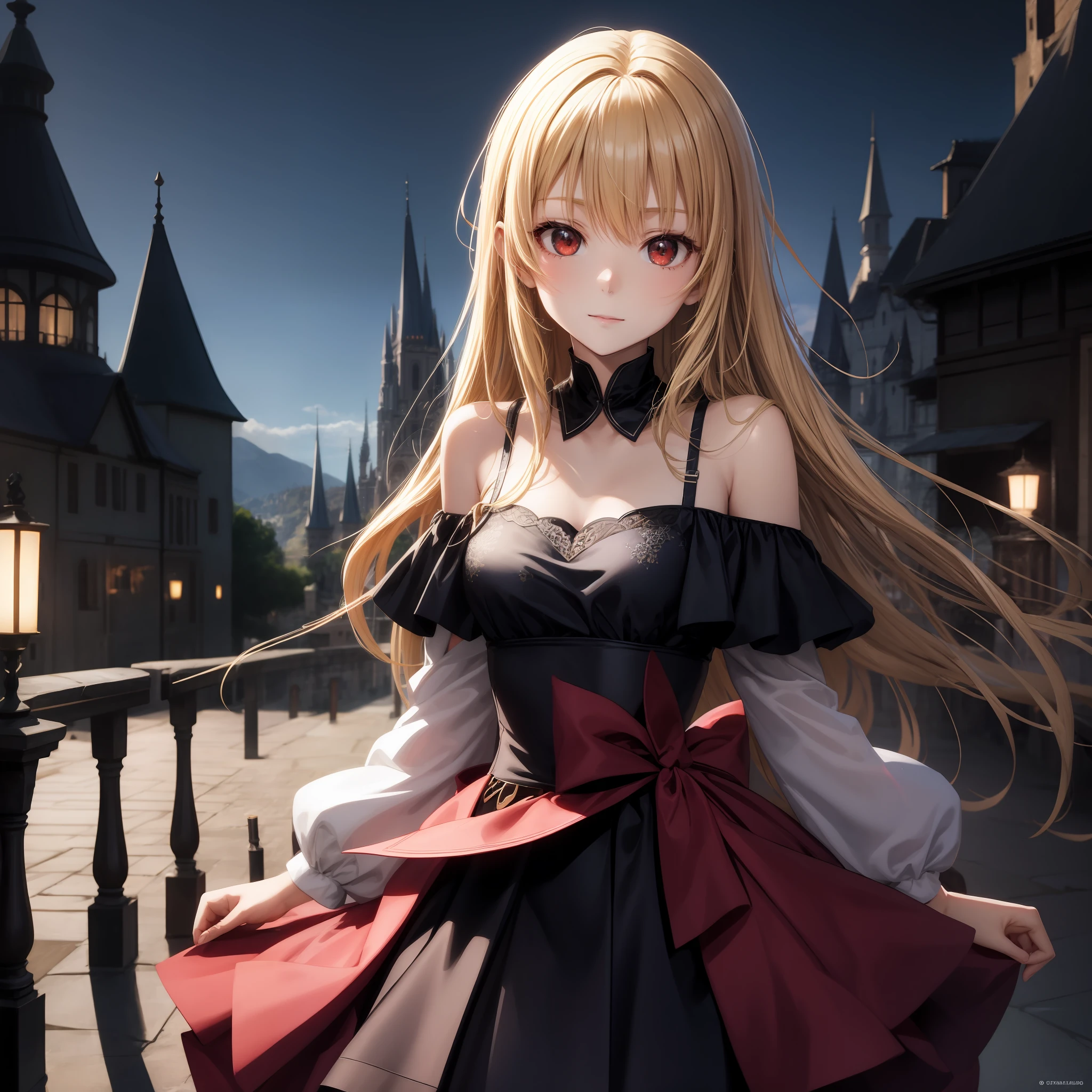 Anime、One girl、red-eyed、blond hair、Light blue dress、1pple、solo、off-the-shoulder、Western castle in the background、