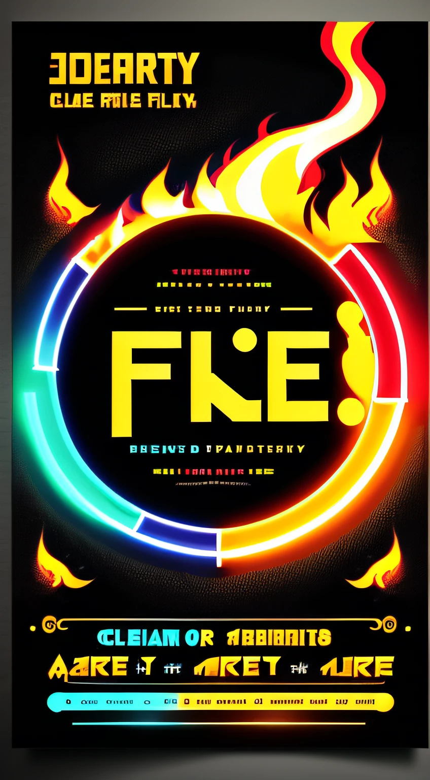 make a clean Party Flyer Template , black background, with a circle of fire in the middle with speaker column on either side, colored leisure lights that rotate in the disco, dj event, party , neon, NO WRITING --auto