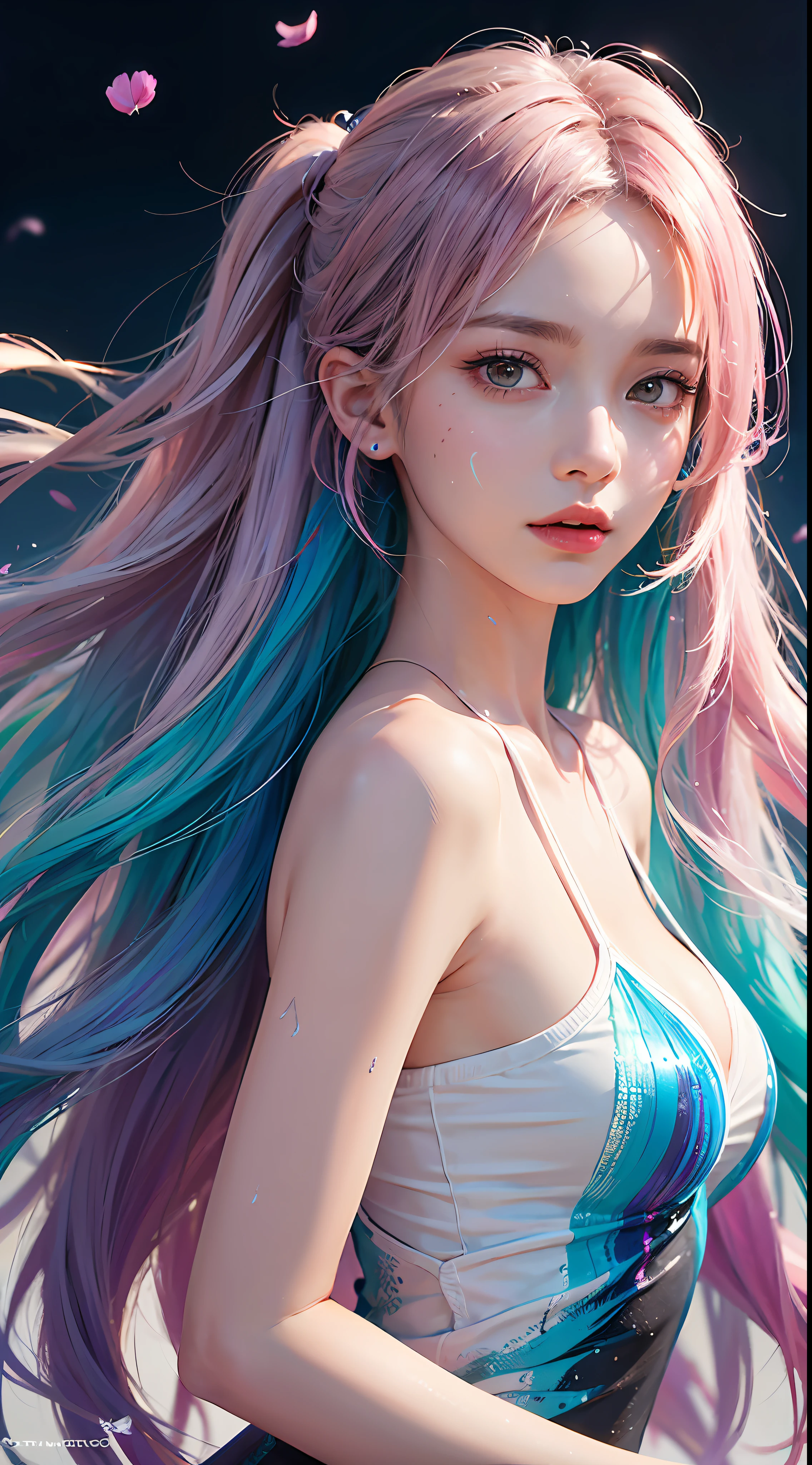 ((Pink fashion T-shirt)),(Colorful hair:1.8),(Rainbow all colors:1.8),((((Vertical painting:1.6))),(painterly:1.6),front facing,manga,illustration,painterly,huge eyes,Crystal clear,(Rainbow gradient high ponytail:1.7),Exquisite Makeup,Closed mouth,(Small freshness:1.5),Long eyelashes,White shoulder T- shirt, White Shoulder Shirt,looking at viewers,Big watery eyes,(iridescent hair:1.6), Color splash, (solo:1.8), Color splash, color explosion, colour splash, color explosion, Thick lacquer style,Messy lines,((shiny)) ,(Colorful), (Colorful), (Colorful), Colorful, Thick Paint Style, (splashing) (Color splash), Vertical painting, Upper body, Paint Splash, Acrylic Pigment, Gradient, paint, Highest image quality, Highest image quality, Masterpiece, solo, Depth of field, face paint, Colorful clothes, (elegence: 1.2), flowery, long long hair, windy, (elegence: 1.3), (petals: 1.4),(((Masterpiece))),(((the best quality t))),((hyper detailed)),(illustartion),(dynamicangle),((floating)),(paint),((Loose hair)),(solo),(1girls) , (( (Detailed anima face))),((Beautiful detailed face)),collars,naked shoulders,hakuhatsu,((Colored hair)),((streaked hair)),Beautiful detailed eyes,(Gradient eyes),(( (Colored eyes))),(((Colored background))),(((High saturation))),(((Surrounded by colorful splashes))),(((Professional model))),((Big breasts)),(((erogenous)))