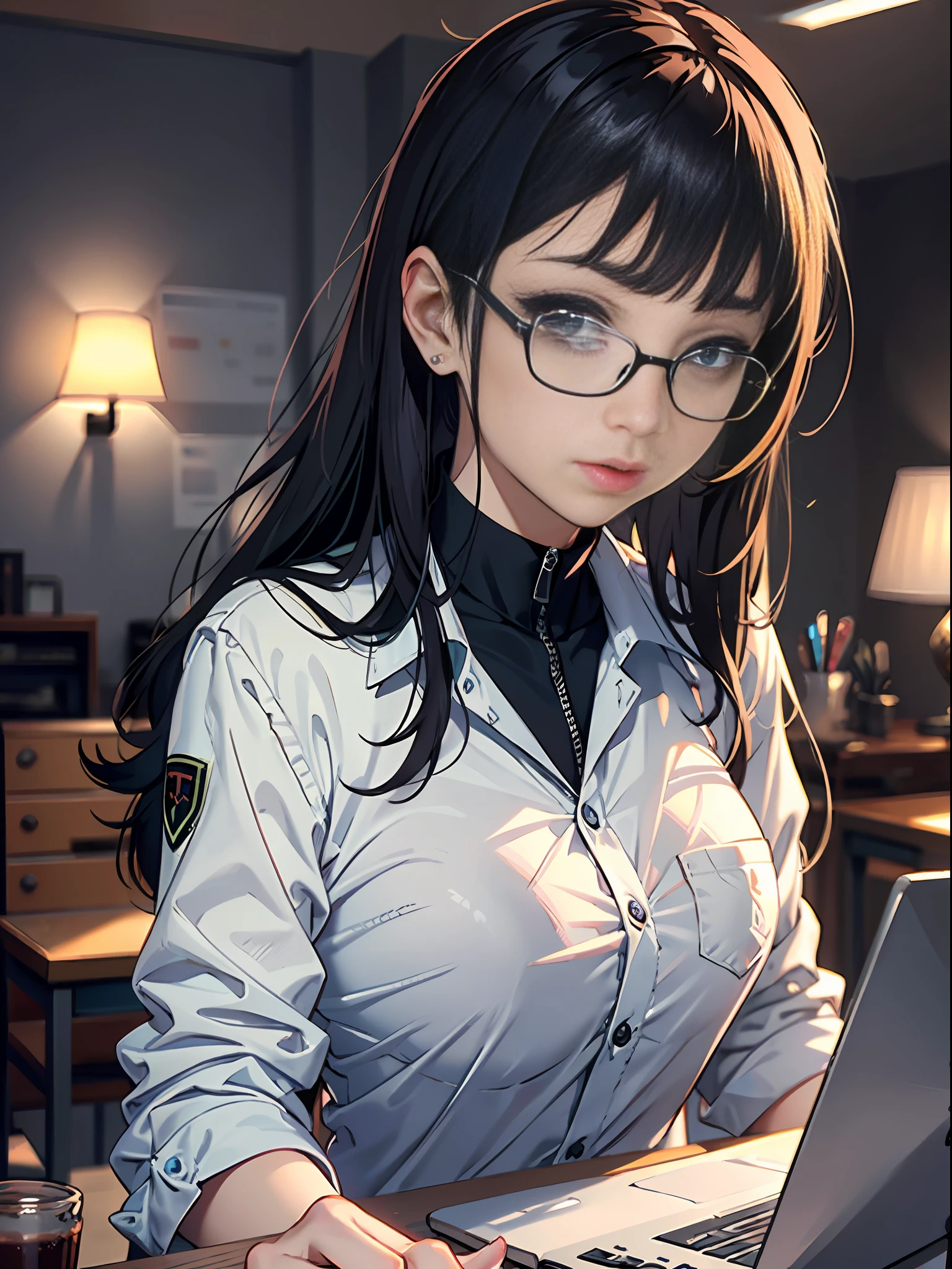 Hinata hyuga is reading and studying, estudante do sexo feminino, computador na sala, olhar doce, sobrancelhas de salgueiro, olhos grandes, Girl with delicate facial features, Girl sitting at computer desk live stream, retrato de detalhes, detalhes infinitos, efeito Tyndall, Ultra Definition, 8K, character stroke, ray tracing, mulheres modernas, high appearance, beleza, beleza intelectual, ((vestindo uniforme de enfermeira branca))), (beleza urbana),  (sexy), (sedutor) (fora do ombro)