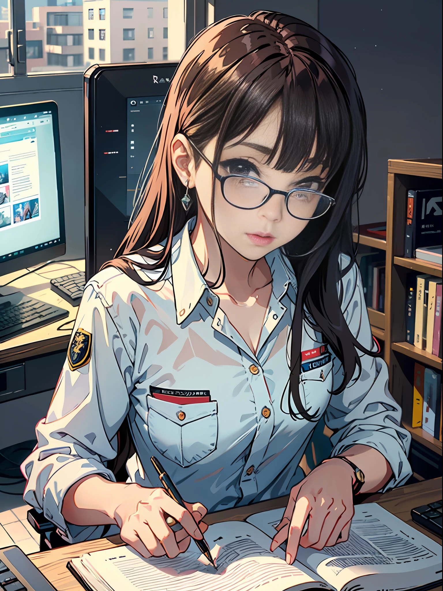 Hinata hyuga is reading and studying, estudante do sexo feminino, computador na sala, olhar doce, sobrancelhas de salgueiro, olhos grandes, Girl with delicate facial features, Girl sitting at computer desk live stream, retrato de detalhes, detalhes infinitos, efeito Tyndall, Ultra Definition, 8K, character stroke, ray tracing, mulheres modernas, high appearance, beleza, beleza intelectual, ((vestindo uniforme de enfermeira branca))), (beleza urbana),  (sexy), (sedutor) (fora do ombro)