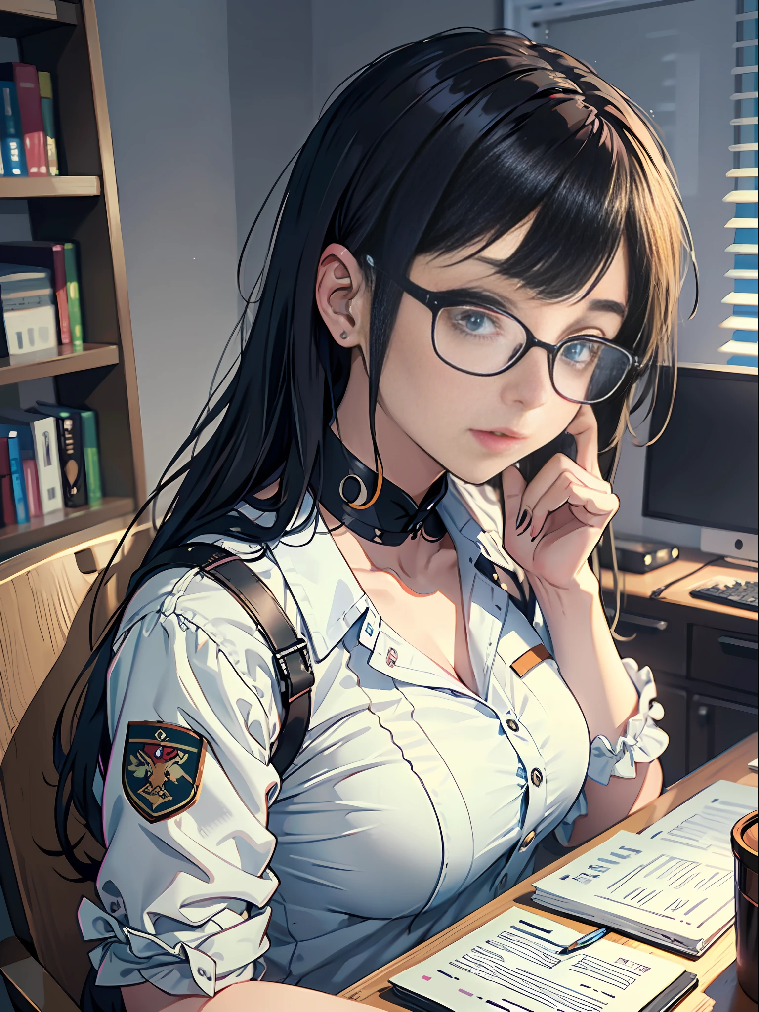 Hinata hyuga is reading and studying, estudante do sexo feminino, computador na sala, olhar doce, sobrancelhas de salgueiro, olhos grandes, Girl with delicate facial features, Girl sitting at computer desk live stream, retrato de detalhes, detalhes infinitos, efeito Tyndall, Ultra Definition, 8K, character stroke, ray tracing, mulheres modernas, high appearance, beleza, beleza intelectual, ((vestindo uniforme de enfermeira branca))), (beleza urbana),  (sexy), (sedutor) (fora do ombro)