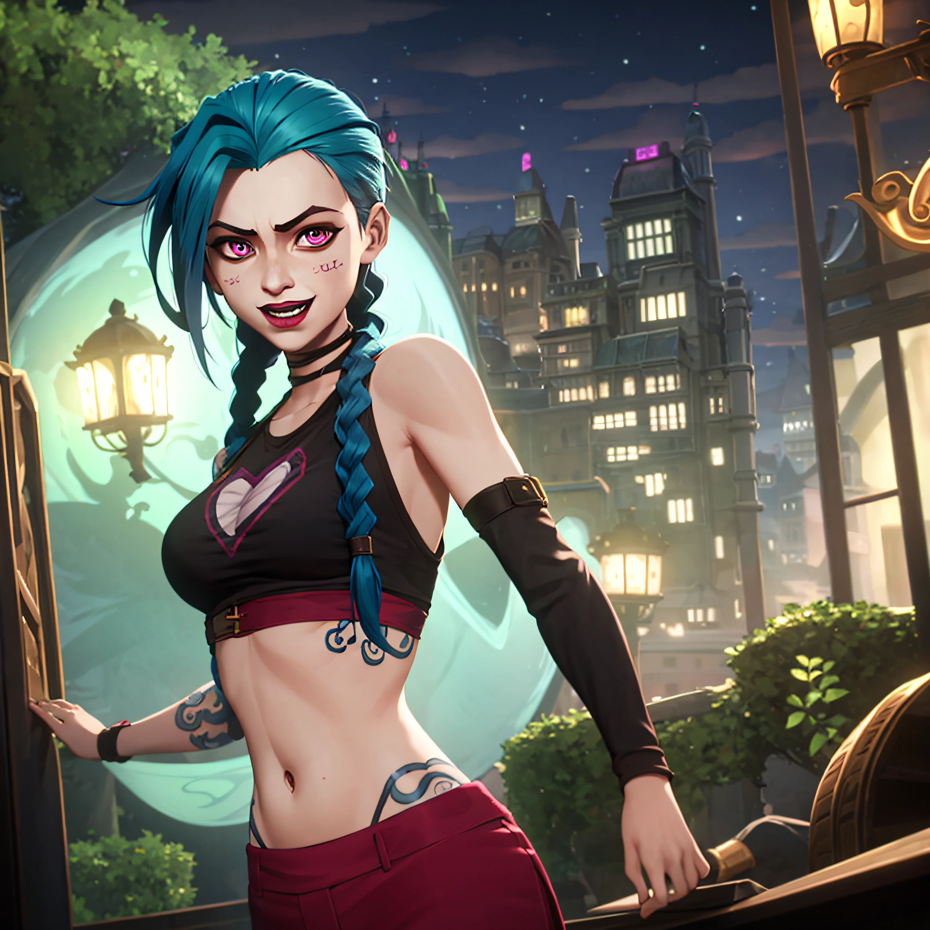 arcane style,
1girl, arm tattoo, asymmetrical bangs, bangs, blue hair, braid, brown shirt, cloud tattoo, looking at viewer, laughing, crazy, uncontrollable laugh, mad look, night, city, green hair, long hair, midriff, pink eyes, red lips, shirt, solo, standing, tattoo, twin braids, upper body, arcane jinx, jinx \(league of legends\)