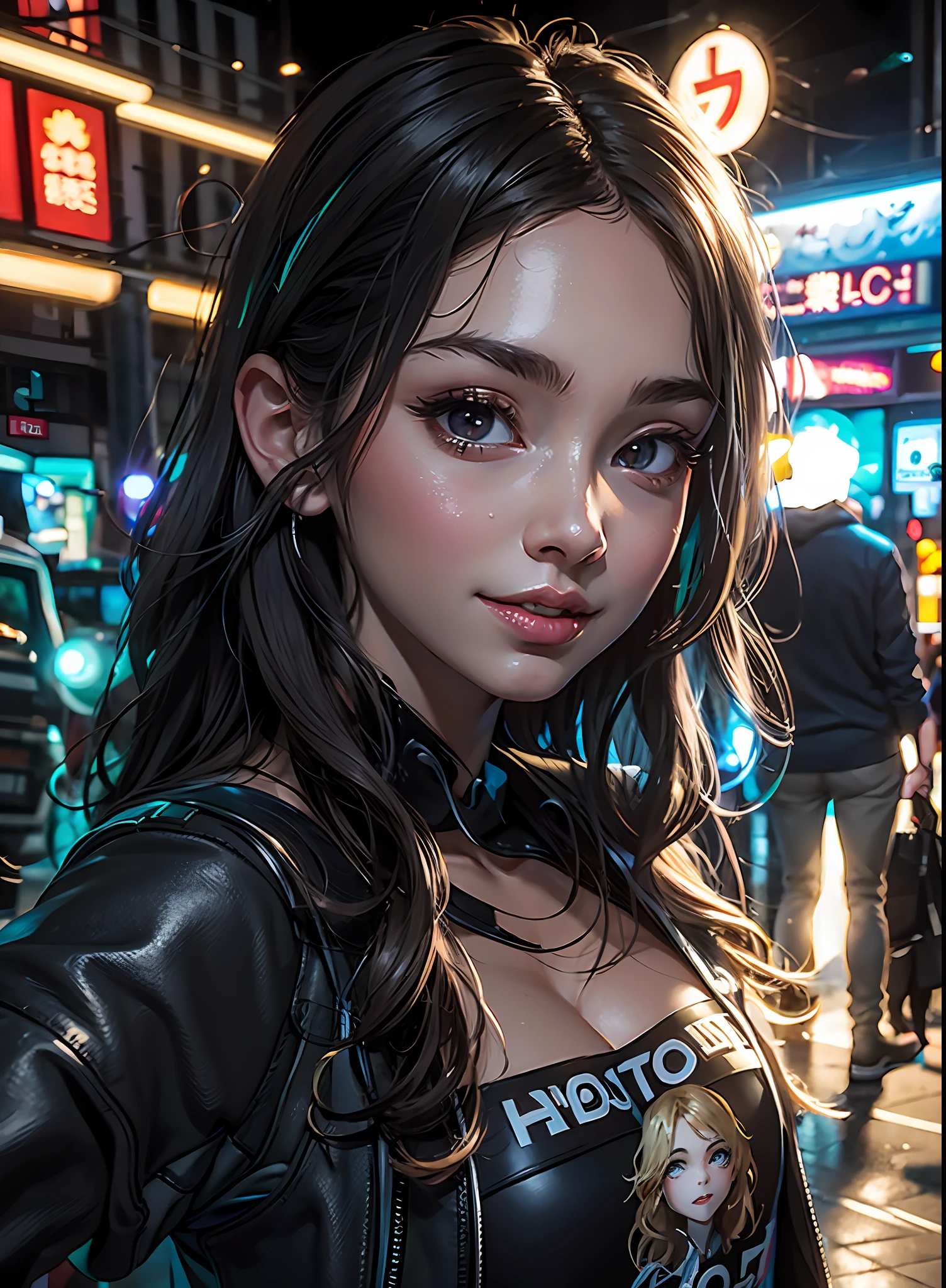 masterpiece, best quality, half body, portrait, night city, 1girl, anime, 3D, Japan, pixar, realistic, teen girl, smiling, cute face, harajuku fashion style, rain coat, beautiful, colourful, neon lights, cyberpunk, smooth skin, illustration, artstation, painting by stanley artgerm lau, sideways glance, foreshortening, extremely detailed 8K, smooth, high resolution, ultra quality, highly detail eyes, highly detail mouth, highly detailed face, perfect eyes, both eyes are the same, true light, glare, Iridescent, Global illumination, real hair movement, real light, real shadow, real face, hd, 2k, 4k, 8k, 16k, realistic light, realistic shadow, bright Eyes, fluorescent eyes, soft light, dream light