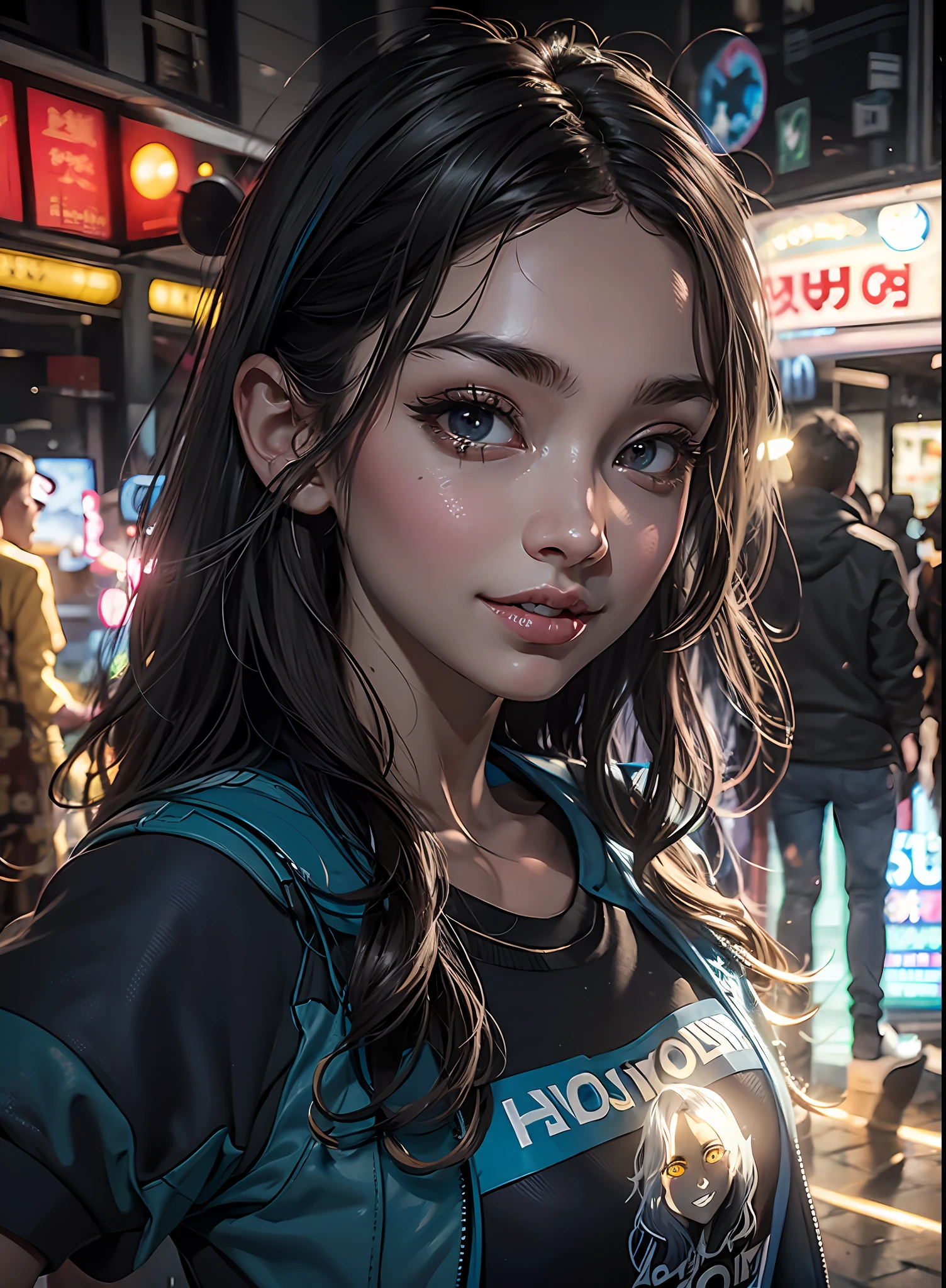 masterpiece, best quality, half body, portrait, night city, 1girl, anime, 3D, Japan, pixar, realistic, teen girl, smiling, cute face, harajuku fashion style, rain coat, beautiful, colourful, neon lights, cyberpunk, smooth skin, illustration, artstation, painting by stanley artgerm lau, sideways glance, foreshortening, extremely detailed 8K, smooth, high resolution, ultra quality, highly detail eyes, highly detail mouth, highly detailed face, perfect eyes, both eyes are the same, true light, glare, Iridescent, Global illumination, real hair movement, real light, real shadow, real face, hd, 2k, 4k, 8k, 16k, realistic light, realistic shadow, bright Eyes, fluorescent eyes, soft light, dream light