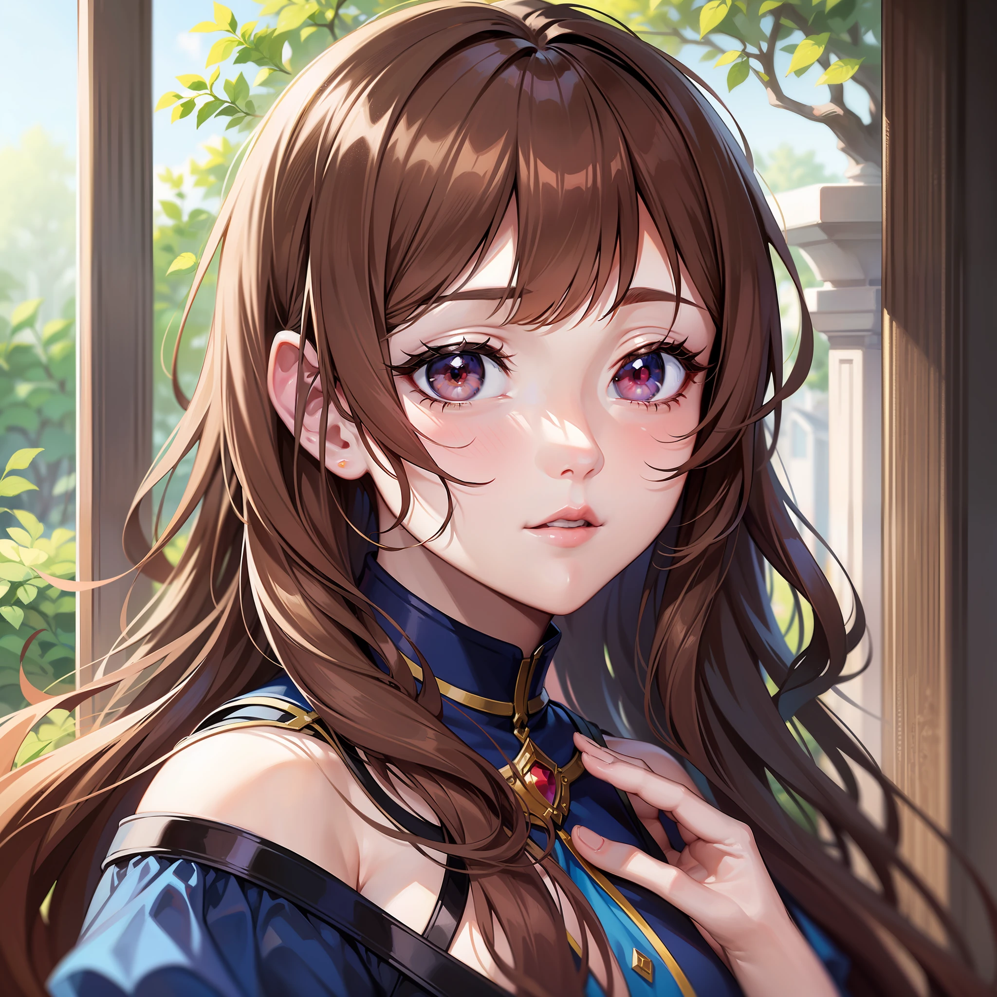 (obra maestra, mejor calidad, high res: 1.4), detallado, Detalles intrincados, 4k, salpicaduras de color, Arte lineal, arte, Fibonacci, Anime girl with brown hair and red eyes in a dark blue dress, Anime brown girl with long hair, Chica anime con pelo largo, - Chestnut-haired princess, ((A beautiful medieval fantasy princess)), retrato, Diosa de la Luz, Lindo anime waifu en un bonito vestido, Arte detallado del anime, Arte de anime de alta calidad, Arte de anime clave detallado, cuerpo completo