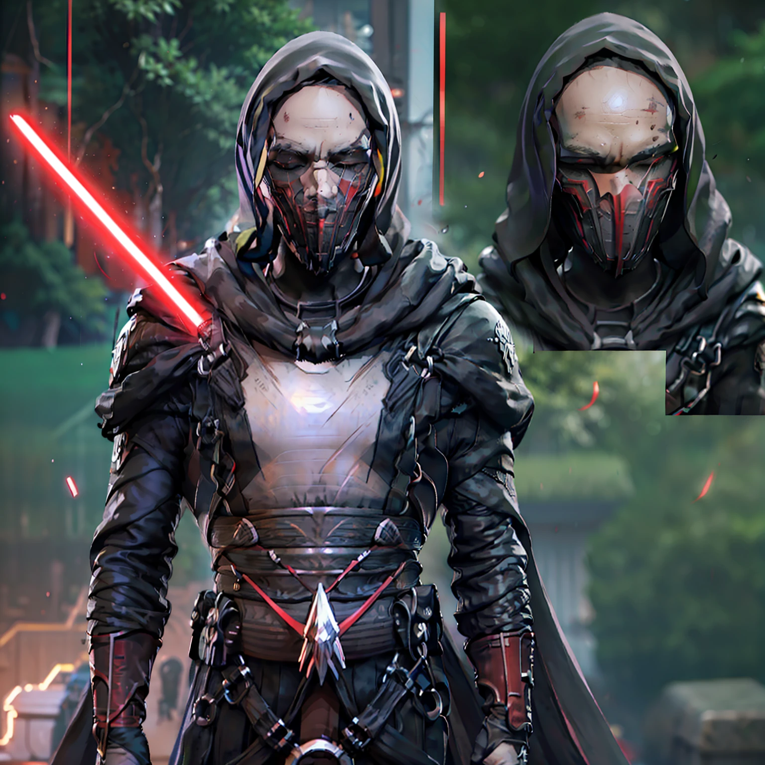 Star Wars Sith model, a man, zabrak race, mask ornamented with white and red, mask eyes closed, 2 red kyber crystals on the mask, small and worn horns, black torn overcoat, 1 red lightsaber in each hand, dark and red aura around the character, Realistic Shading, Photorealistic Perfect Body, Highly detailed ArtGerm, 3D Rendering Character Art 8K, Super Detail Rendering Beautiful Cyberpunk man Image, HDR (High Dynamic Range), Ray Tracing, NVIDIA RTX, Super Resolution, Unreal 5, Subsurface Scattering, PBR Texturing, Postprocessing, Anisotropic Filtering, Depth of Field, Maximum Clarity and Sharpness, Multilayer Textures, Albedo and Specular Maps, Surface Shading, Accurate Simulation of Light-Material Interactions, Perfect Proportions, Octane Rendering, two-tone lighting, wide aperture, low ISO, white balance, rule of thirds, 8K RAW,