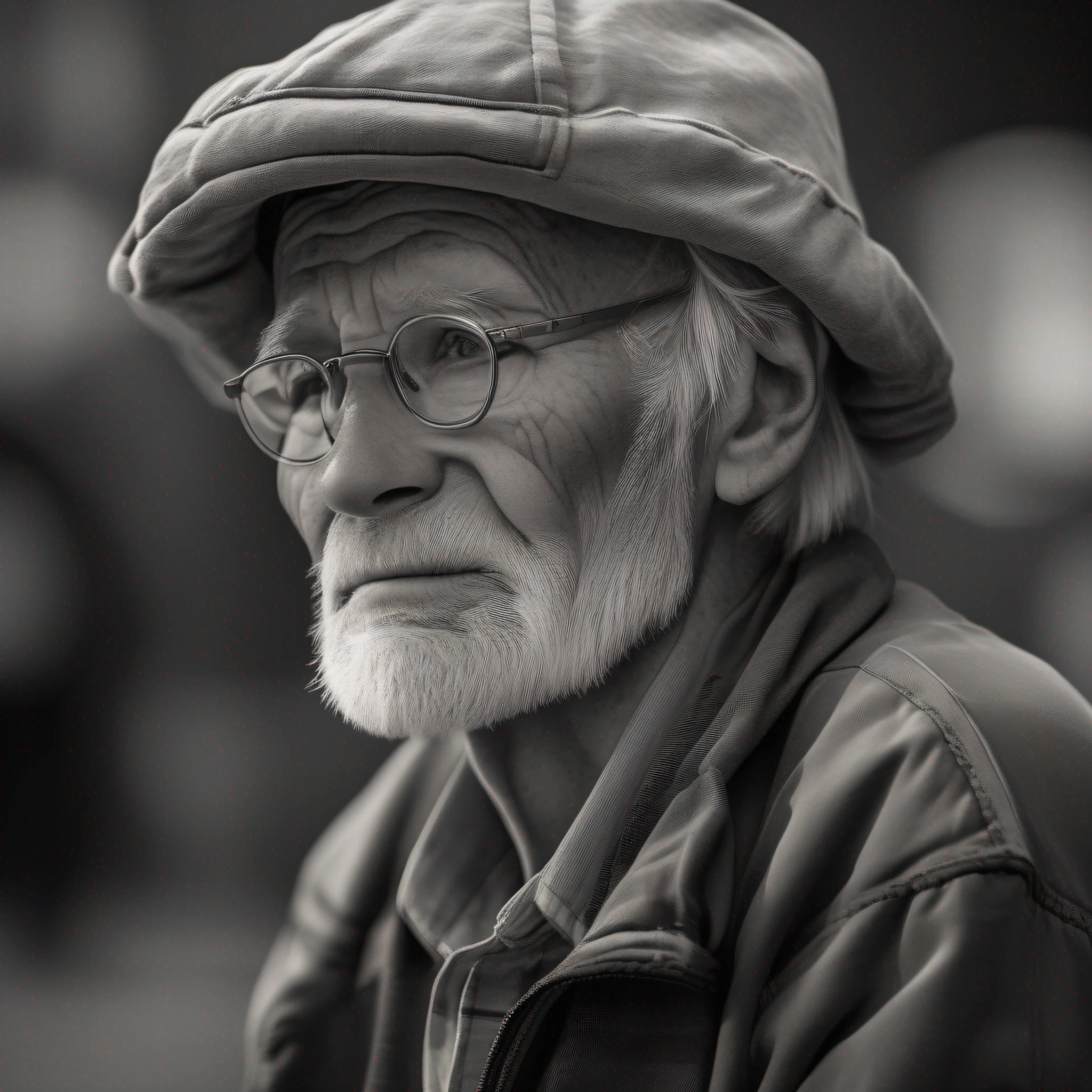 an old man , contemplating life, black and white photograph, with Sony Alpha a9 II and Sony FE 200-600mm f/5.6-6.3 G OSS lens, medium long shot, natural lightm
