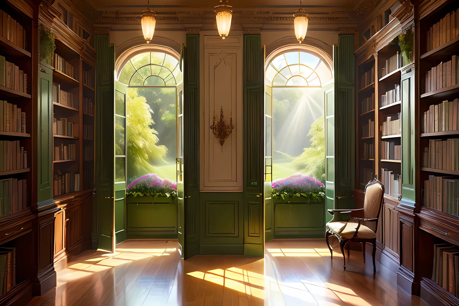 European-style library, Interior design details, Flowers, very green, The sun's rays of light