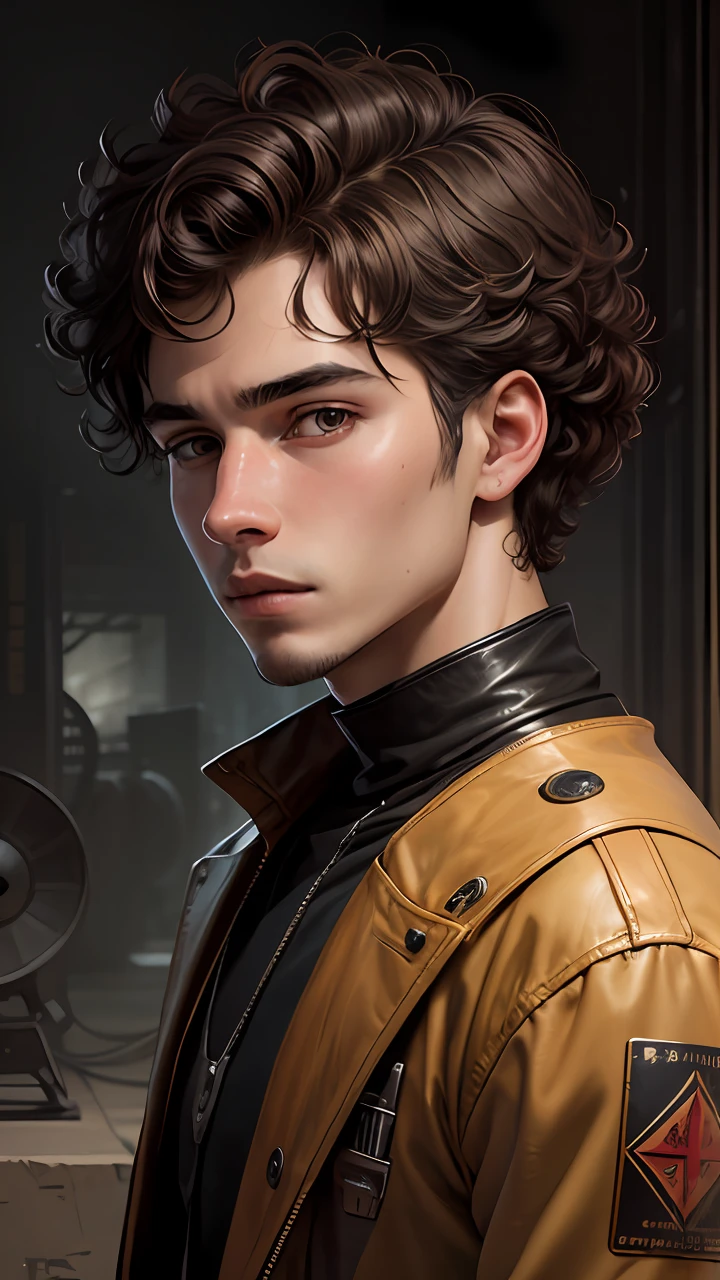 a portrait of a young man with curly sidercut hair, Album cover art, artwork by Alastair Reynolds