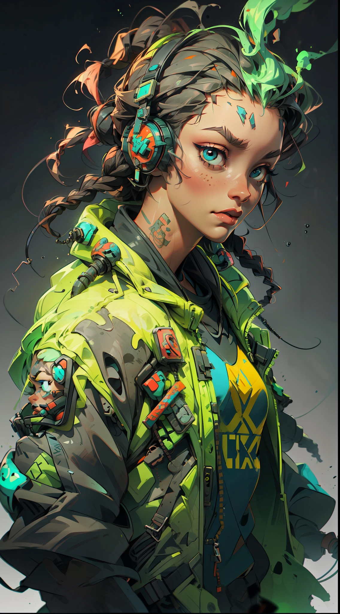 1 rapper with dreads hair, ToxicPunkAI techwear jacket, minimalist abstract ToxicPunkAI music mixer and speakers background, bubbles, melt, detailed, intricate