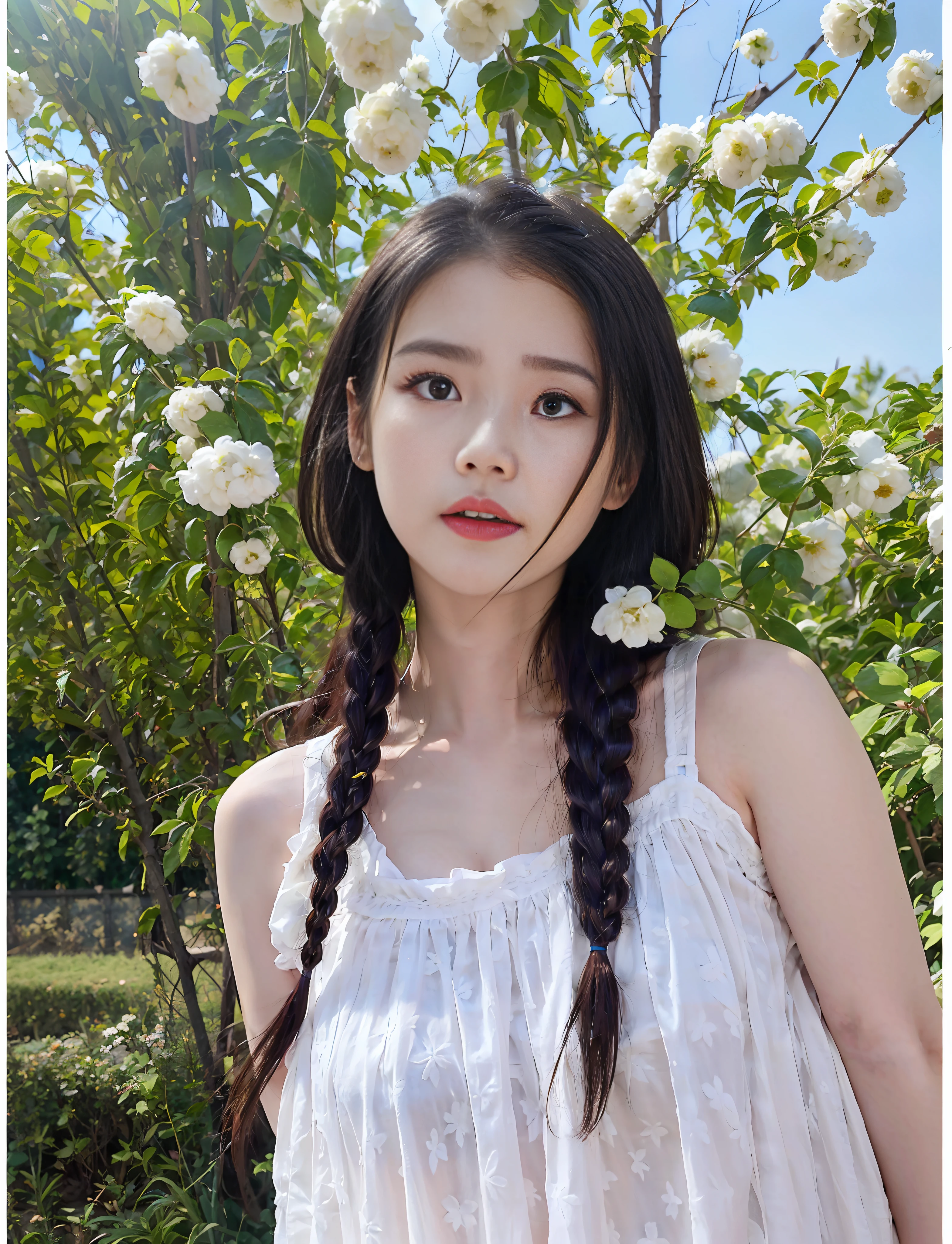 arafed woman with long black hair and a white dress, ulzzang, two pigtails hairstyle, pigtails hairstyle, Jin Young Shin, xintong chen, zmonzheng, pale snow white skin, Beautiful Korean Woman, gorgeous korean young woman, twintails hairstyle, Beautiful young Korean woman, shaxi, wenfei ye, wan adorable korean face