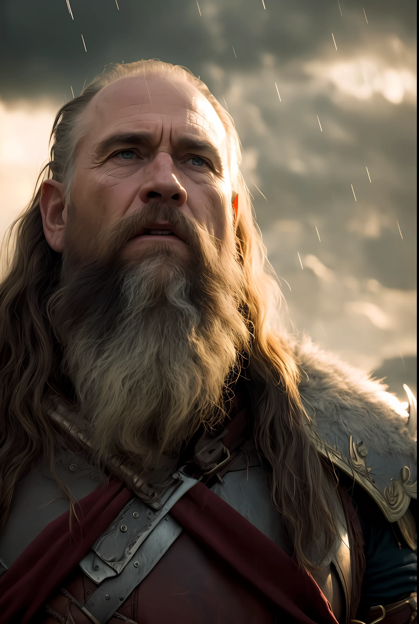 ((best quality)), ((masterpiece)), ((inked)), majestic intricately detailed soft oil painting by jim lee, 1man, (close up portrait:1.1), an old grizzled medieval warrior, elderly war weary grandfather, warpaint, muscular, gray bearded, shaved head, topknot, wet fur armor, weary eyes, cuts scrapes and grazes, (dramatic rain drenched fyords, ocean channel, rocky hills:1.2), sun set, somber, (backlit:1.3), highres, depth of field, (deep shadows:1.2), high detail, sharp focus, smooth, roughness, photographed on a Canon EOS R5, 50mm lens, F/2.8, HDR, real life, backlit, photorealism, photography, cinematic Film still from the lord of the rings|god of war|Wrath of the Titans|the lighthouse