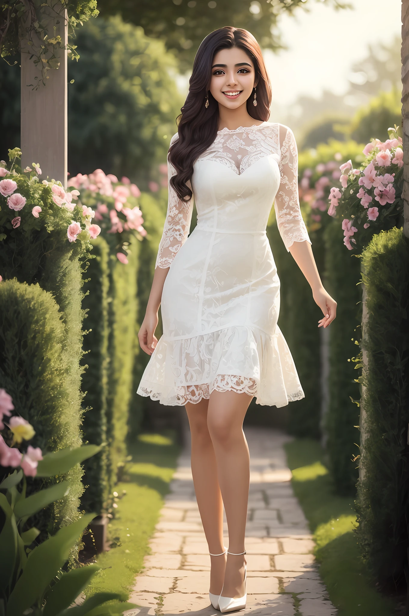 Ultra realistic, Cinematic, portrait of Arabic beautiful 22 years old woman, big smile, petite body, full body,pale skin, beautiful face, detailed face, hip is cocked and wide, ruched embossed lace and ruffled dress, dancing, garden with dense colorful flowers and trees, morning