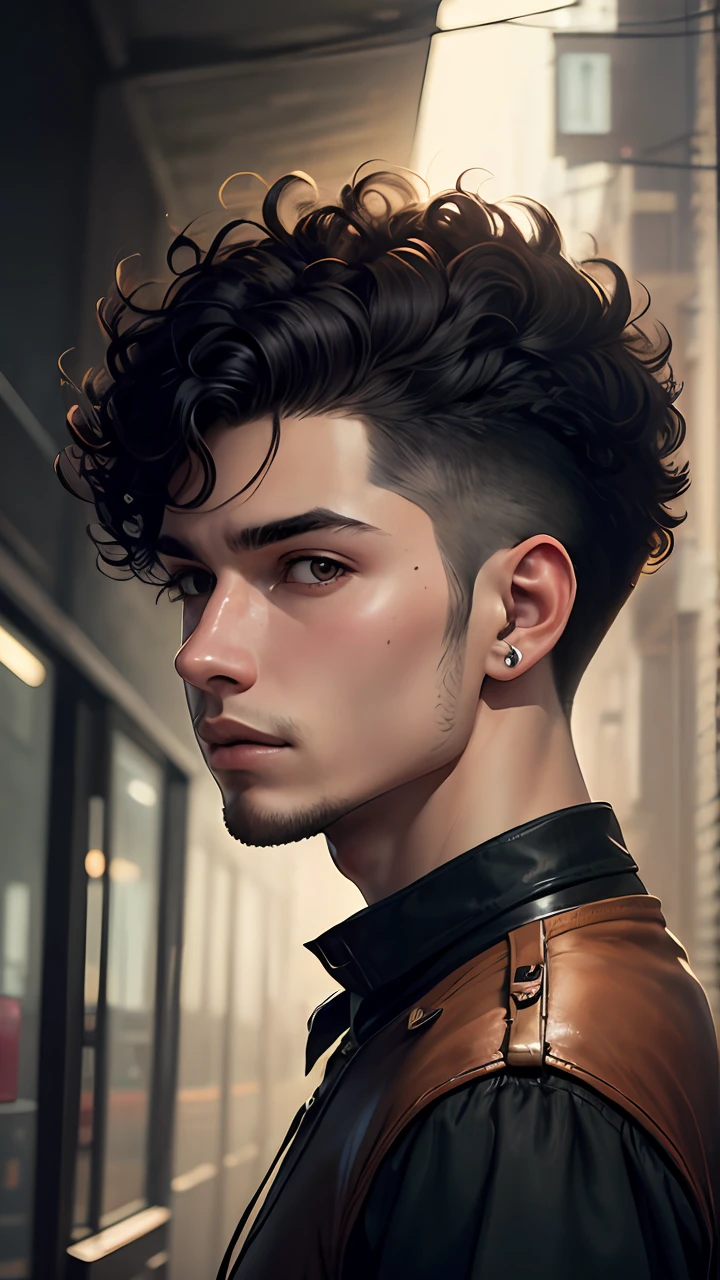 a portrait of a young man with curly undercut hair, Album cover art, artwork by Alastair Reynolds