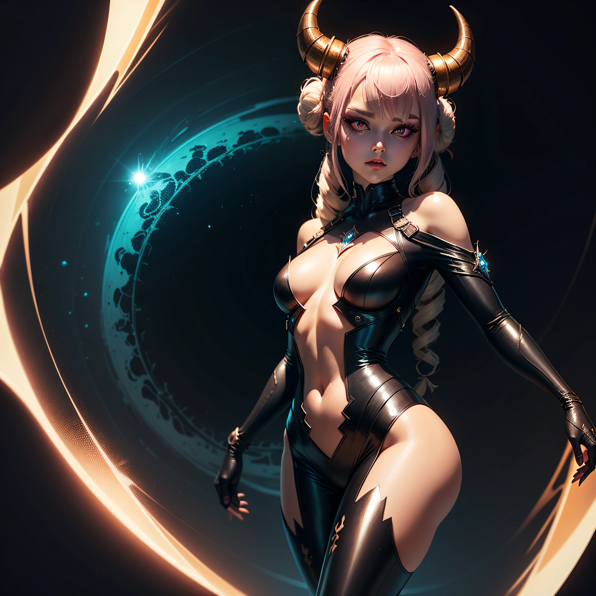 double bun, twin drills, demon horns, gradient_eyes, makeup, Surrealism, Art Deco, Futurism, UHD, high details, high quality, best quality --auto