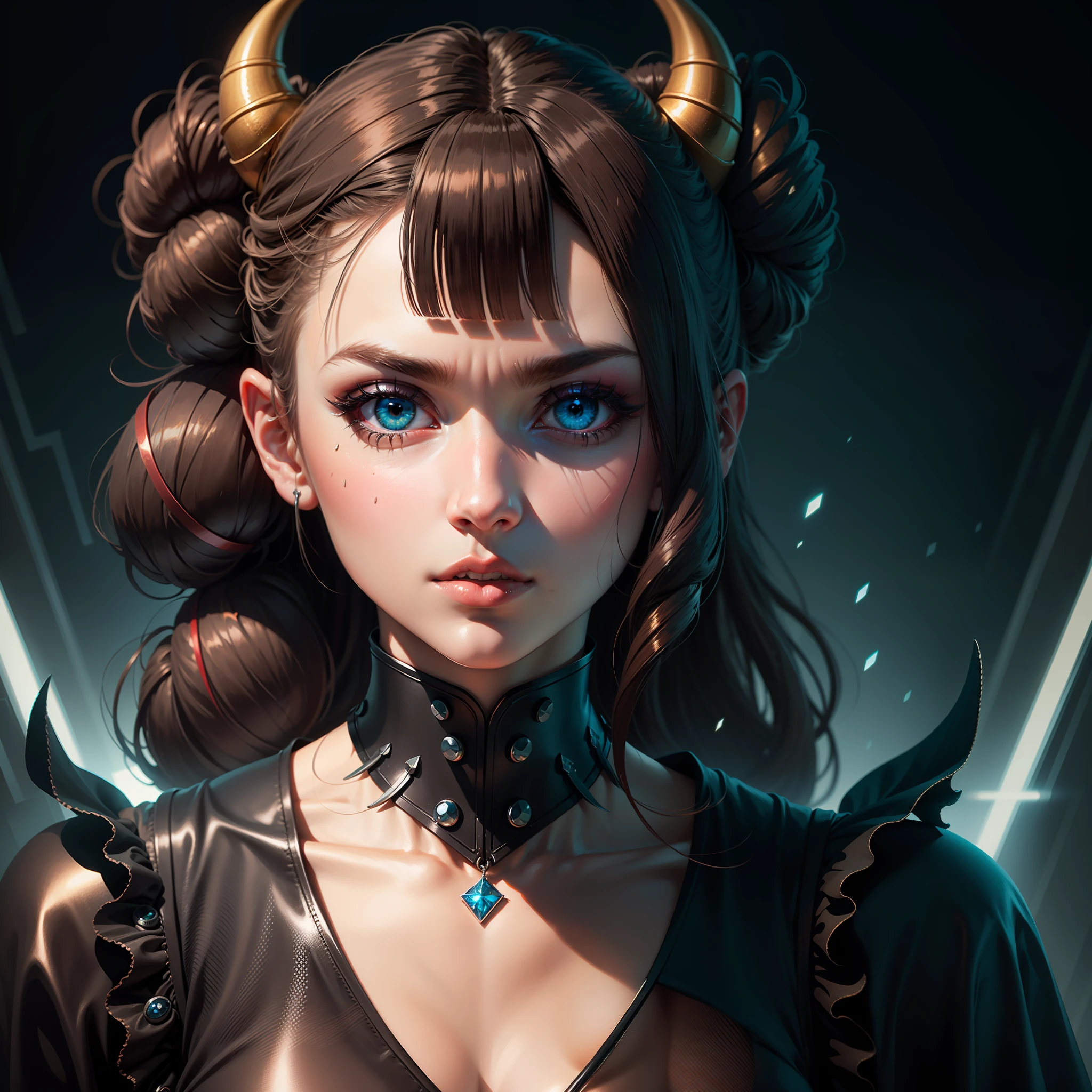 double bun, twin drills, demon horns, gradient_eyes, makeup, Surrealism, Art Deco, Futurism, UHD, high details, high quality, best quality --auto