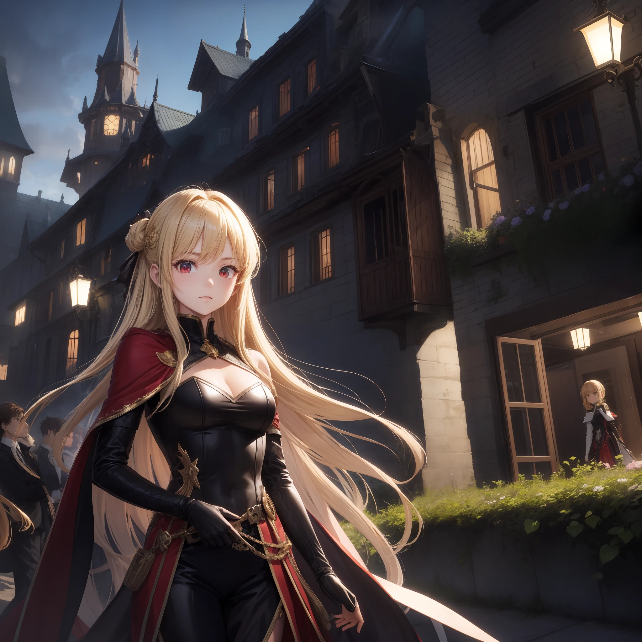 the anime、only girl、red-eyed、blond hair、Fancy dresses、１pple、Western castle in the background、