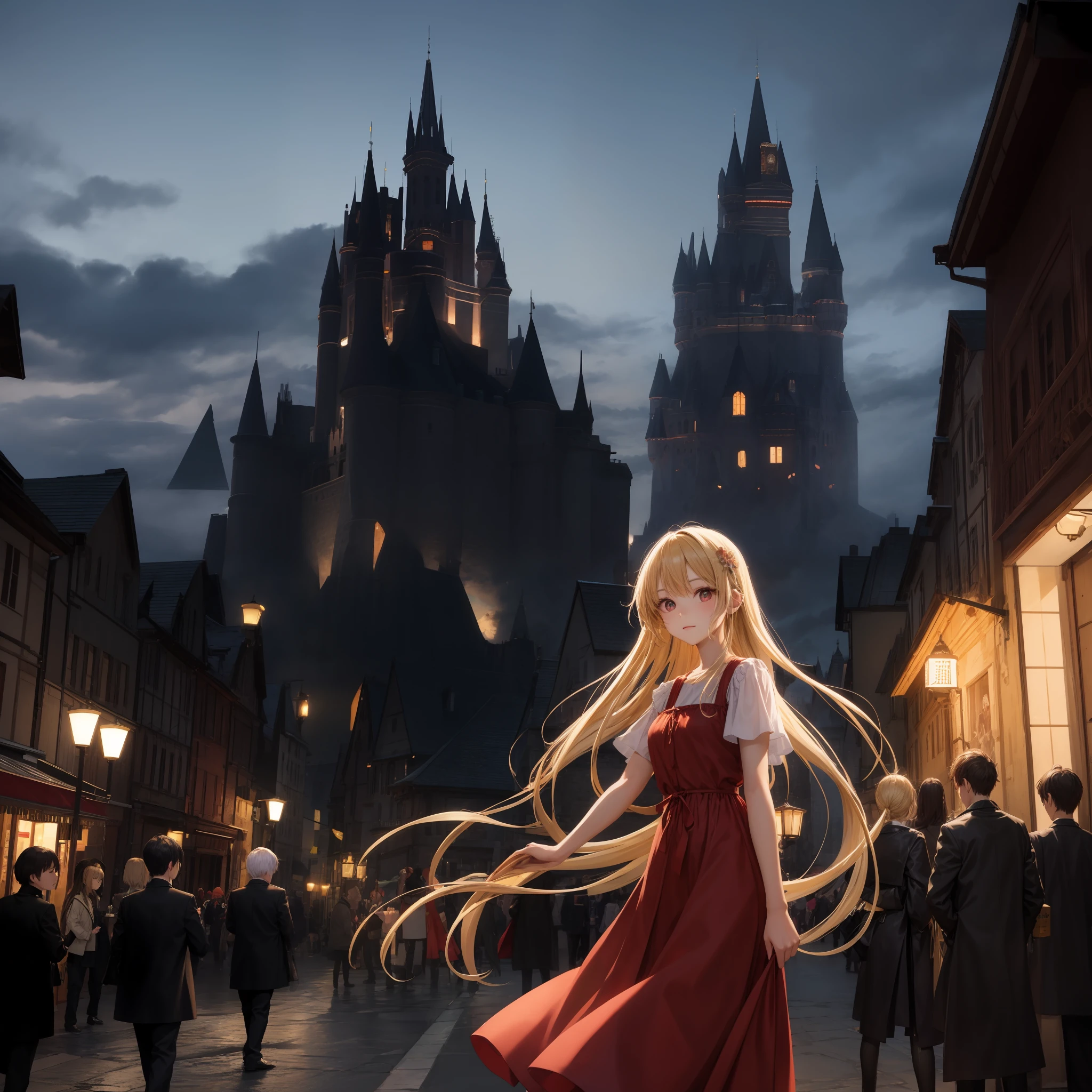 only girl、red-eyed、blond hair、Light orange dress、1pple、solo、Castle in the background、