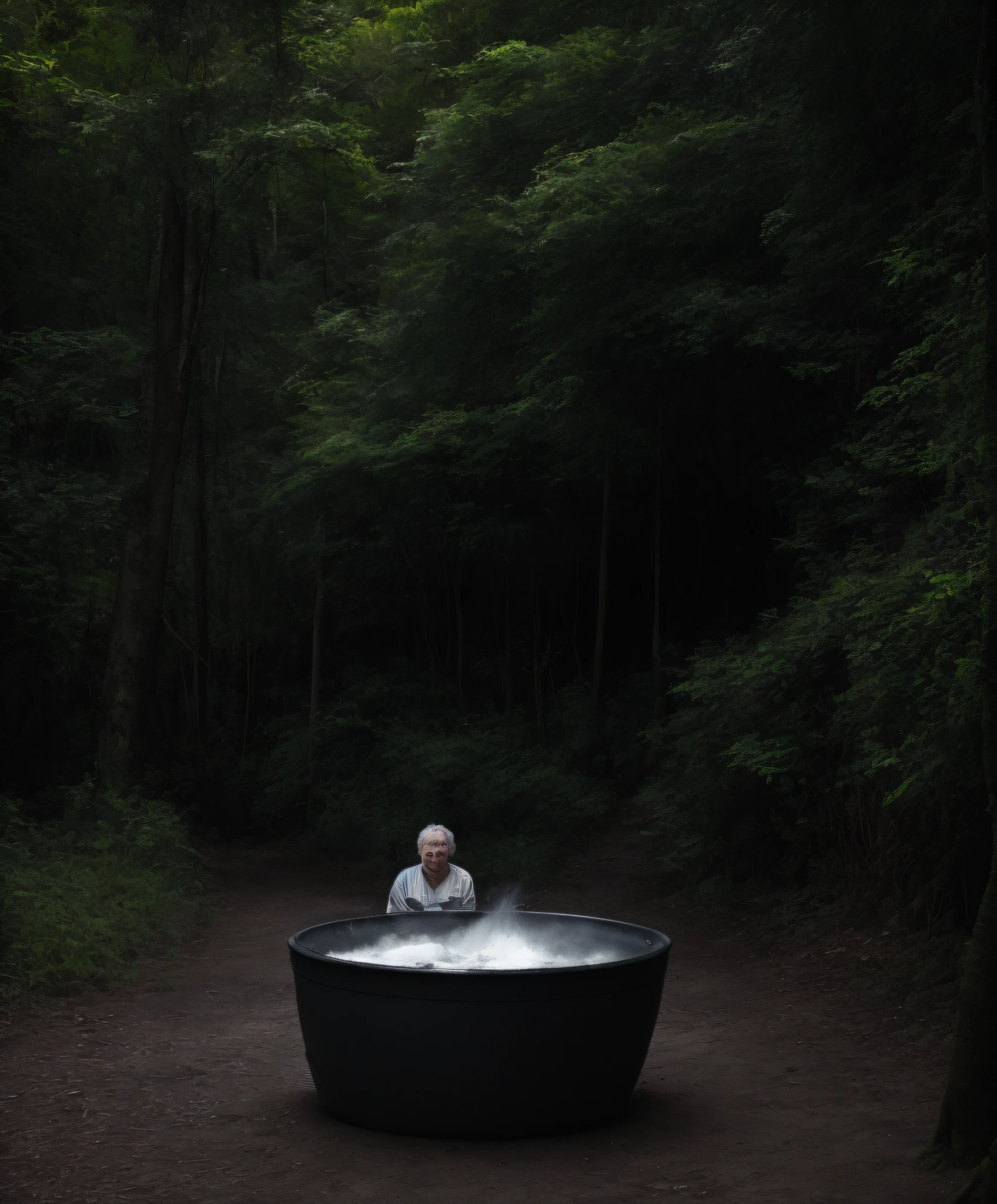One lion, scenary, floresta, aldeia, bem, heaven, nuvens, homem de 60 anos, semi calvo |, gordura, Inside a Cauldron , around various cannibals