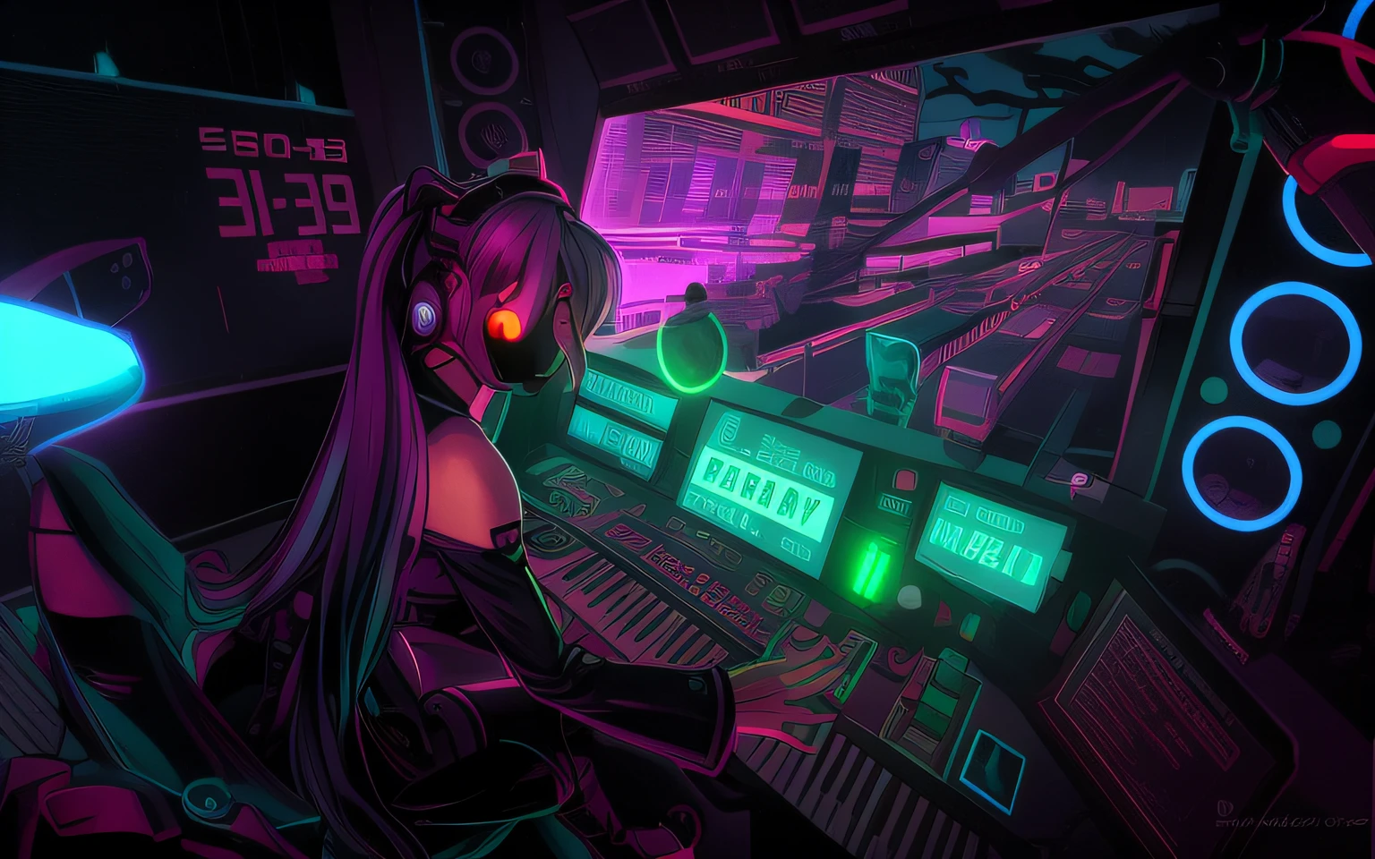 Dark portrait of Marvel's Bloody Miku Hatsune Ievan Polkka with intricate angled cybernetic implants inside brutalist building, Gothic brutalist cathedral, Cyberpunk, Foto premiada, Bokeh, neon lights, membro cyber