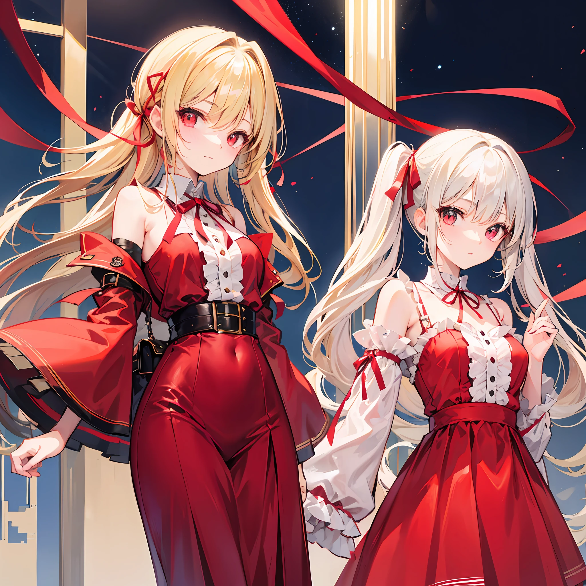 One blonde girl、ponytails、Red Ribbon、red-eyed、RED dress、night、kk