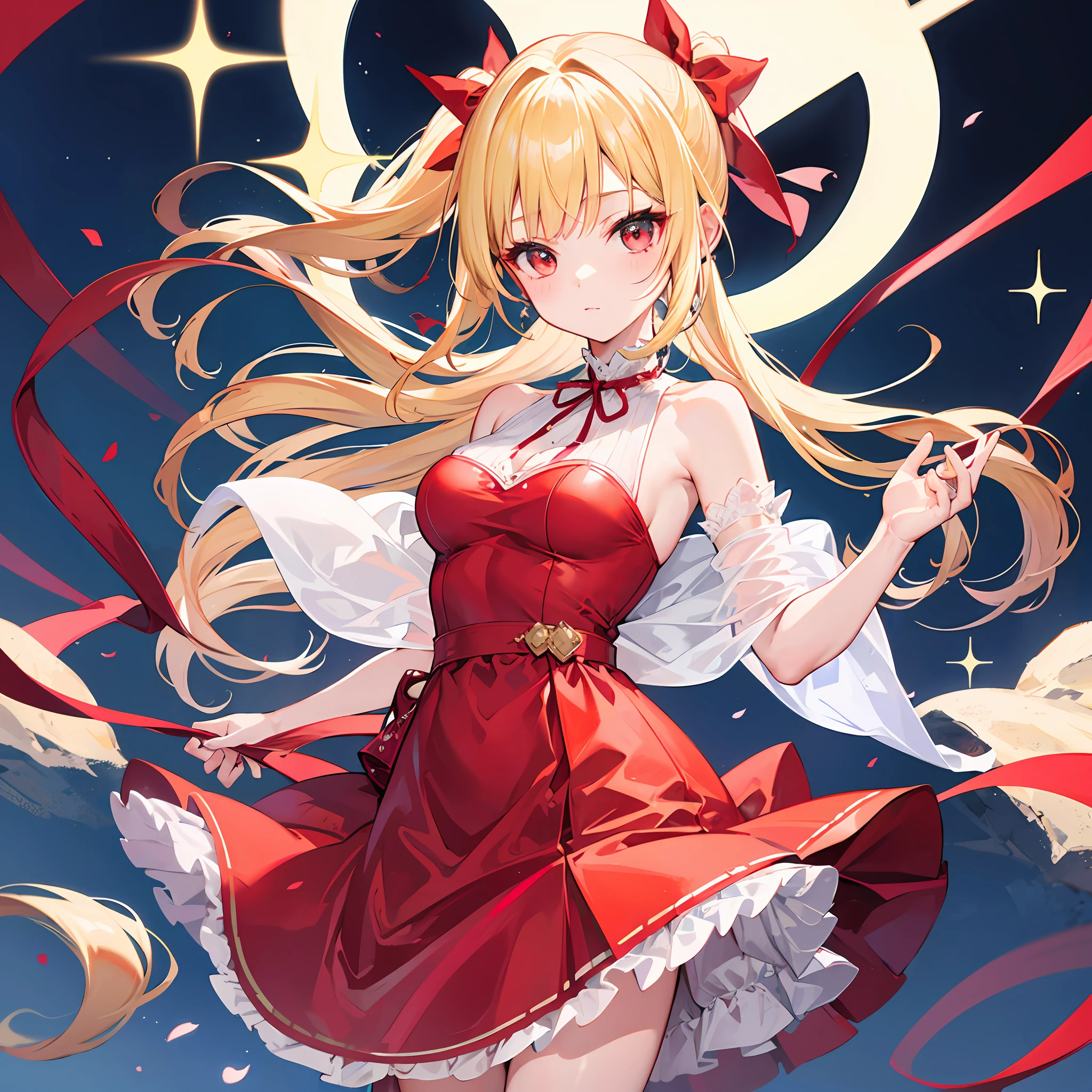 One blonde girl、ponytails、Red Ribbon、red-eyed、RED dress、night、kk