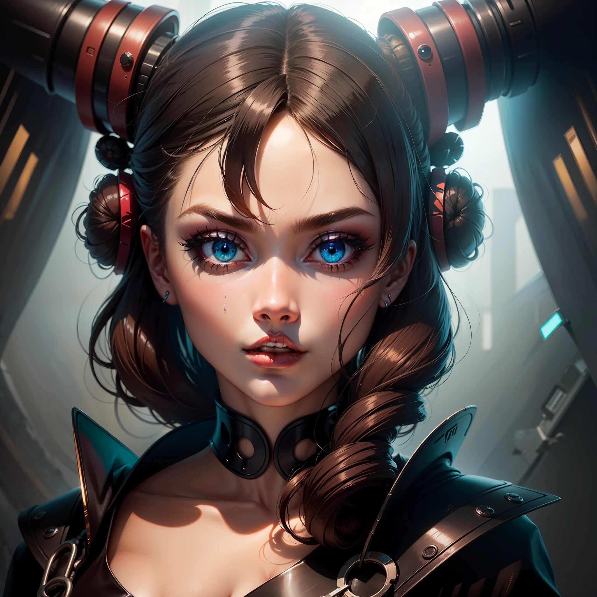 double bun, twin drills, demon horns, gradient_eyes, makeup, Surrealism, Art Deco, Futurism, UHD, high details, high quality, best quality --auto