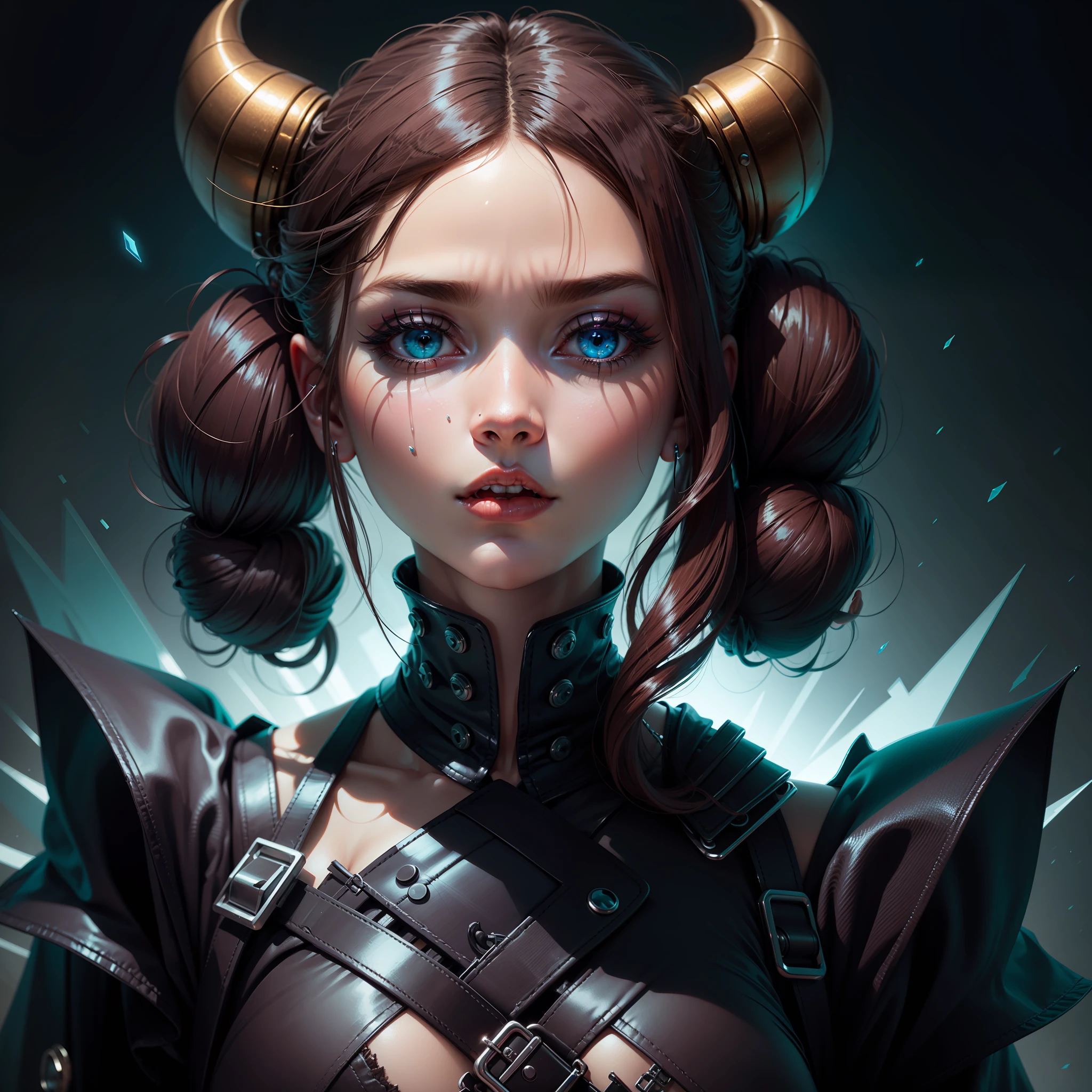 double bun, twin drills, demon horns, gradient_eyes, makeup, Surrealism, Art Deco, Futurism, UHD, high details, high quality, best quality --auto
