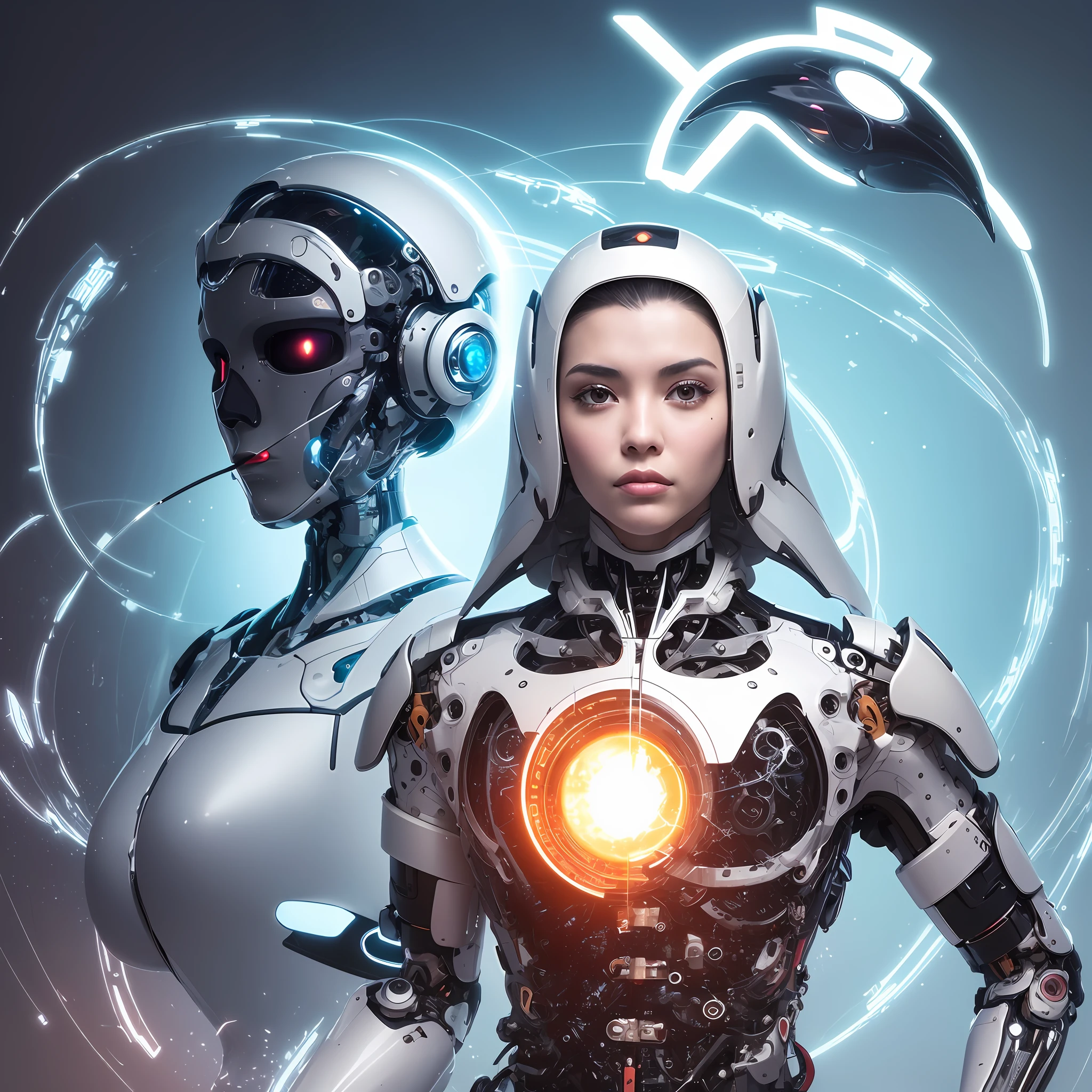 "Imagine a future where the fusion of humans and artificial intelligence becomes a reality. Create an image that depicts a hybrid human being, with mechanical parts integrated into the body, expressando poder, technological advancement and a deep connection to artificial intelligence. Use a futuristic aesthetic and elements that represent the harmony between the human and the machine. Let your creativity flow and show the potential of this fusion in the evolution of humanity." --auto