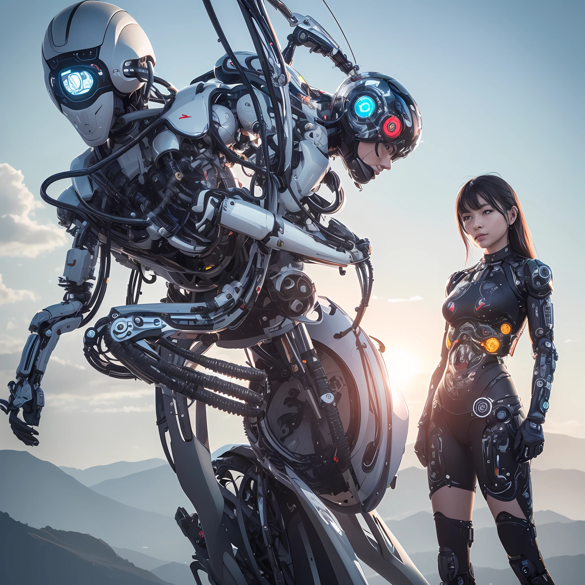 "Imagine a future where the fusion of humans and artificial intelligence becomes a reality. Create an image that depicts a hybrid human being, with mechanical parts integrated into the body, expressando poder, technological advancement and a deep connection to artificial intelligence. Use a futuristic aesthetic and elements that represent the harmony between the human and the machine. Let your creativity flow and show the potential of this fusion in the evolution of humanity." --auto